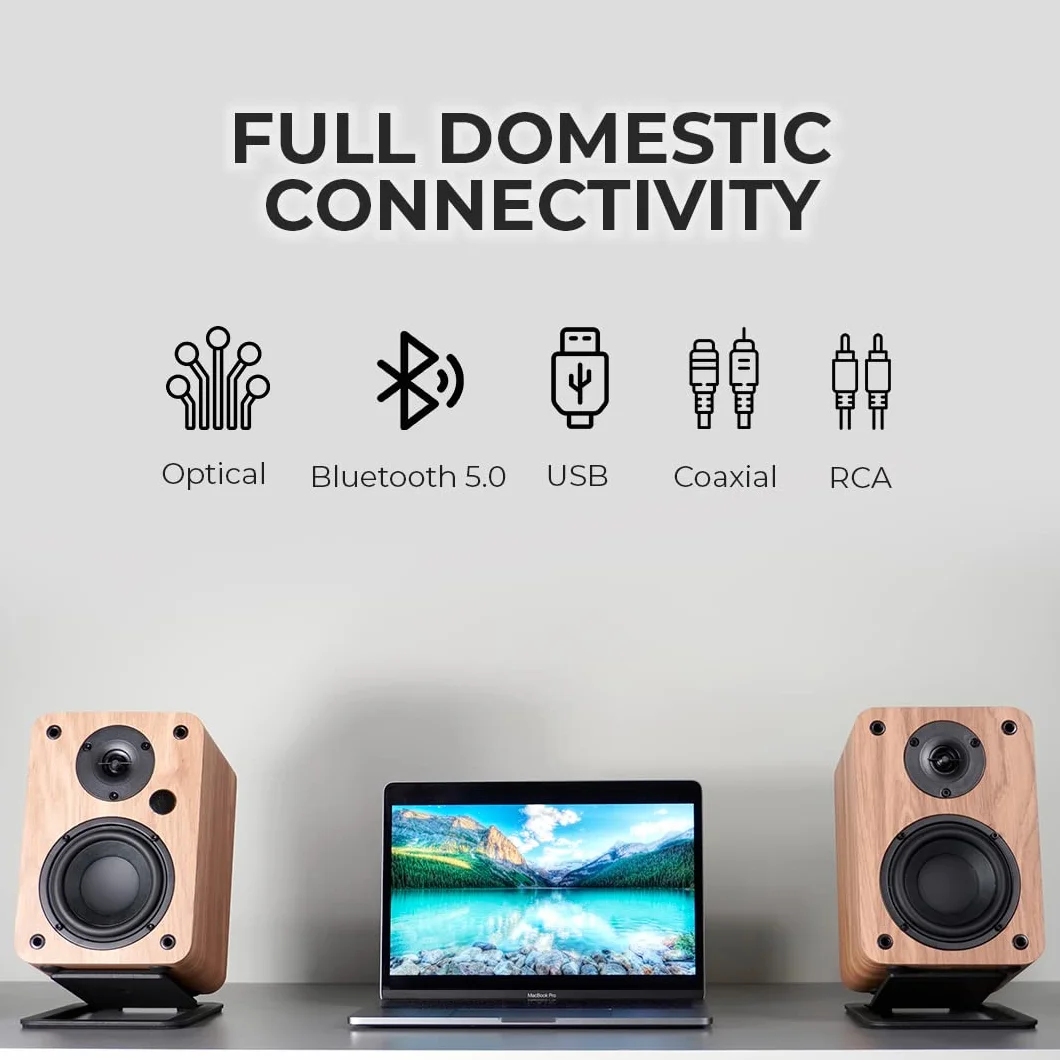 VULKKANO A4 Aktywne Głośniki Gółkowe z głośnikiem niskotonowym 4", Bluetooth 5.0, Optica, RCA, USB, Coaxial, Głośniki do komputerowe, brązowe