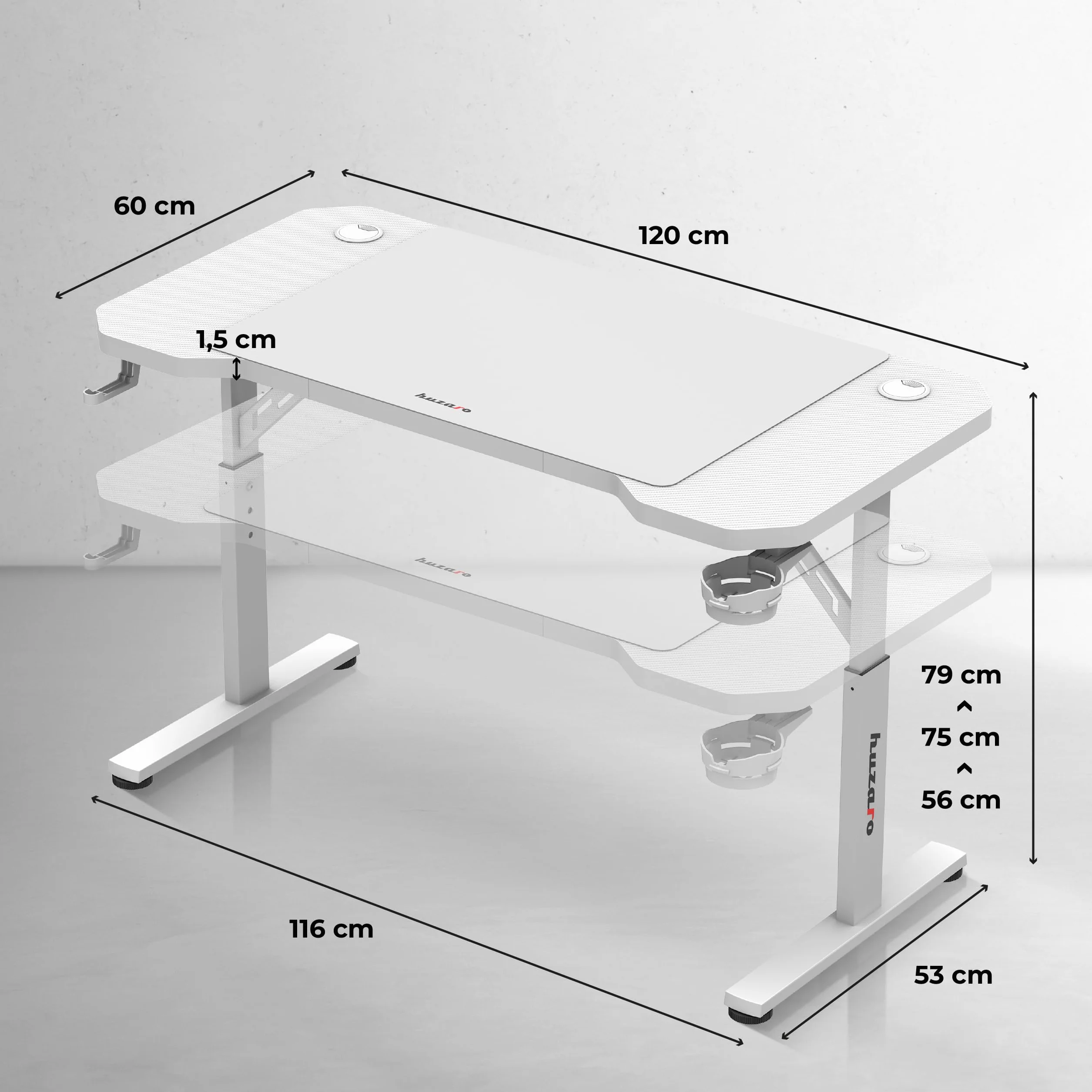 huzaro Hero 2.6 | biurko do gier komputerowych, solidna konstrukcja, ergonomiczna konstrukcja, karbonowa taca, 120 x 60 cm, haczyk na słuchawki, uchwyt na kubek, regulacja 3 wysokości, pasek na kable