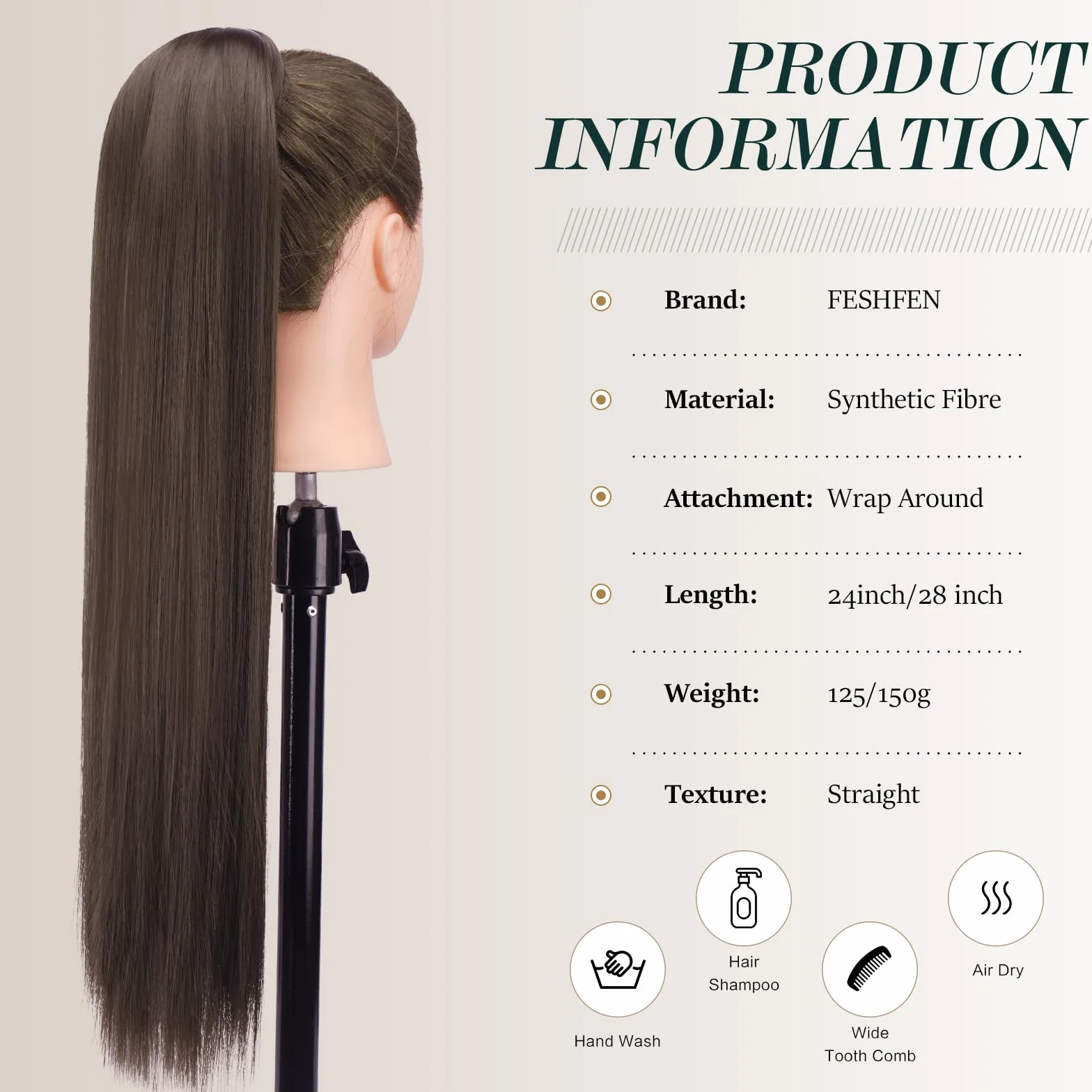 FESHFEN Proste Przedłużanie Kucyka - Clip in Długie Koński Ogon Włosy Przedłużania dla Kobiet Syntetyczne Końskiego Ogona z Klipsem Ponytail Extension, 60 cm Ciemny Brąz