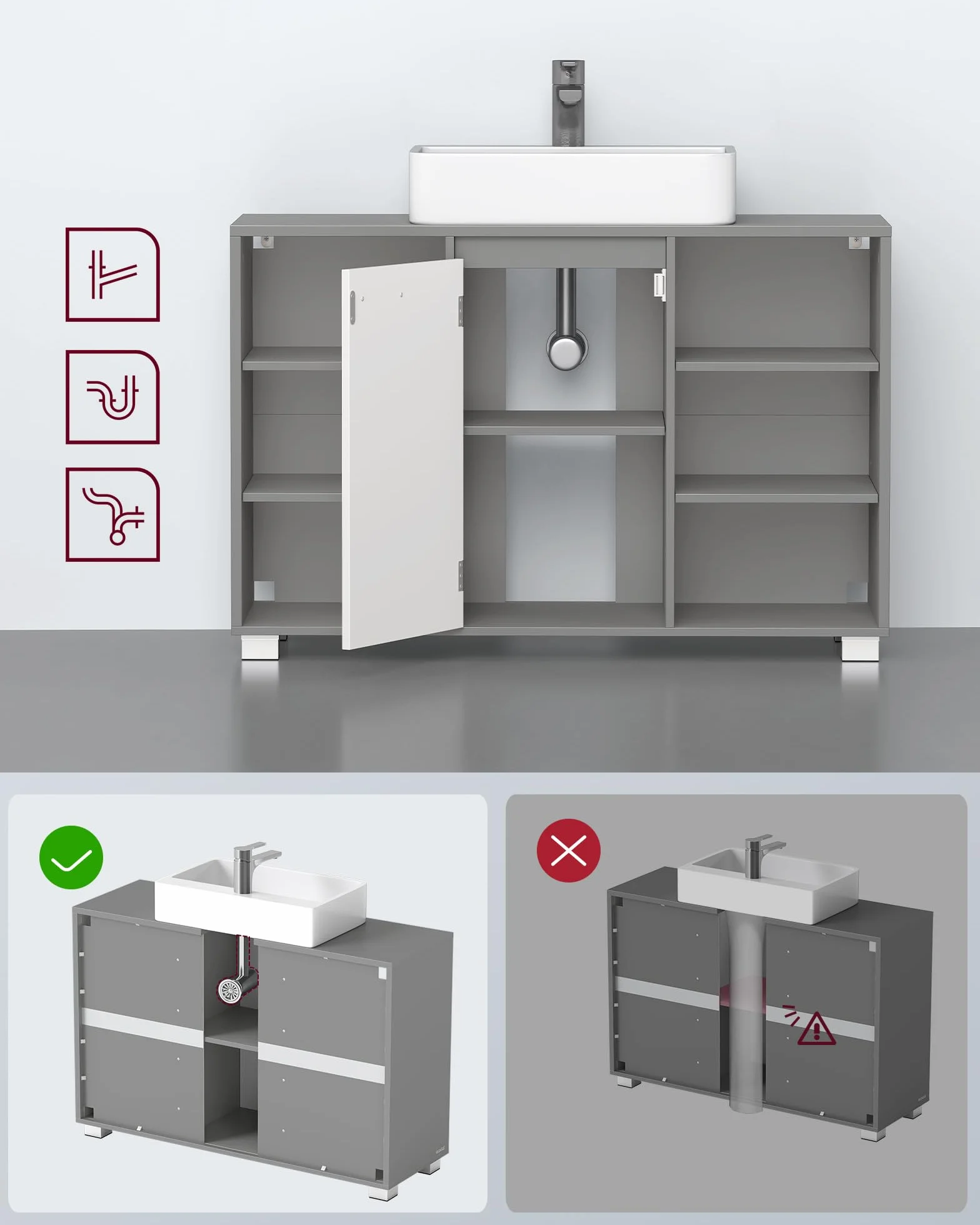 VASAGLE Szafka łazienkowa z regulowanymi półkami 30x90x60 cm gołębia szarość biel BBK507G01