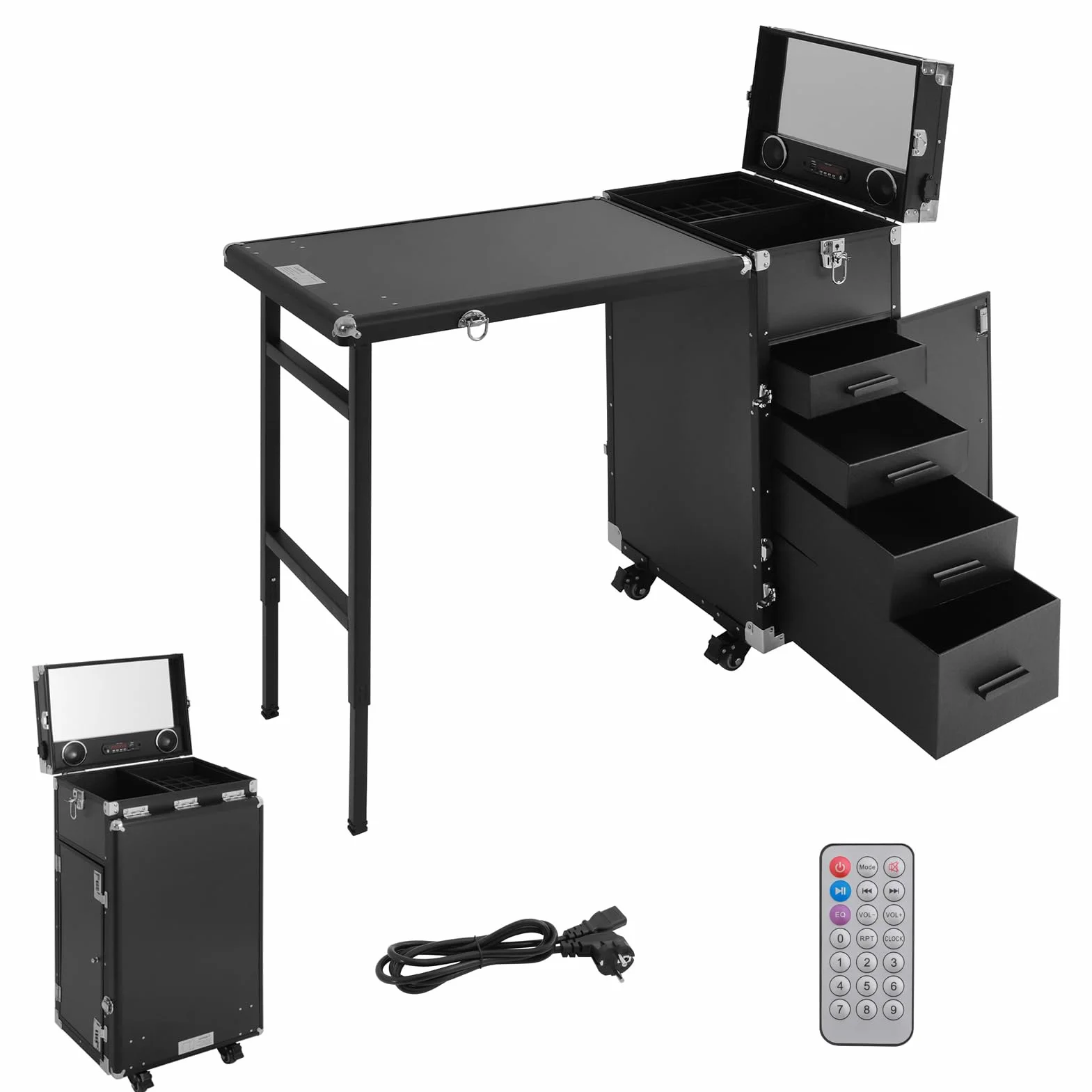 Stolik do manicure, składany, mobilny, z pilotem zdalnego sterowania i walizką do makijażu, 4 szuflady, dla techników domowych, spa, salonu piękności, miejsca pracy (czarny)