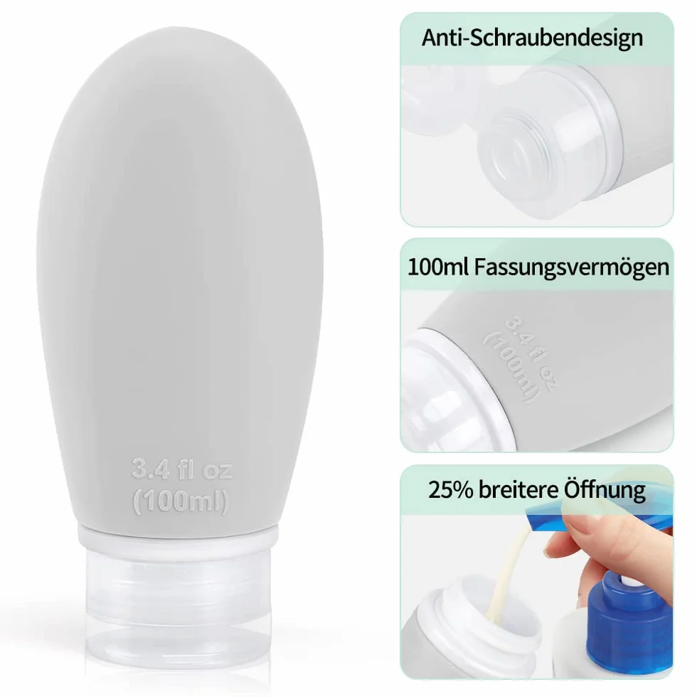 Opret Zestaw silikonowych butelek podróżnych, 100 ml, 3 sztuki, szczelne, do wielokrotnego napełniania, przenośne pojemniki do szamponu, kremów, odżywki, nie zawierają BPA i posiadają certyfikat TSA