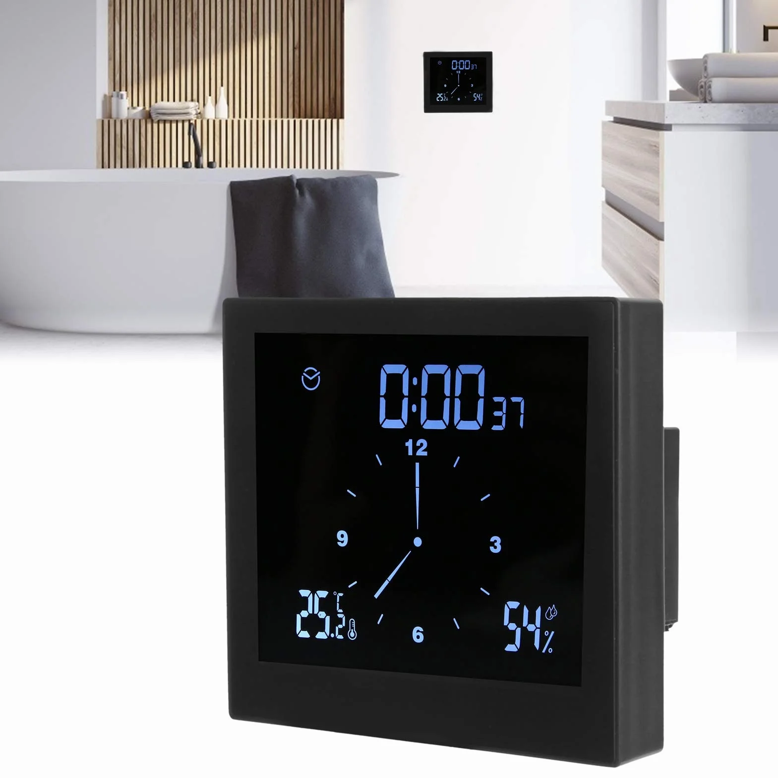 lyrlody Cyfrowy zegar LCD wodoodporny z funkcją odliczania, higrometr termometr do łazienki 3,5x10,5x11,5 cm czarny
