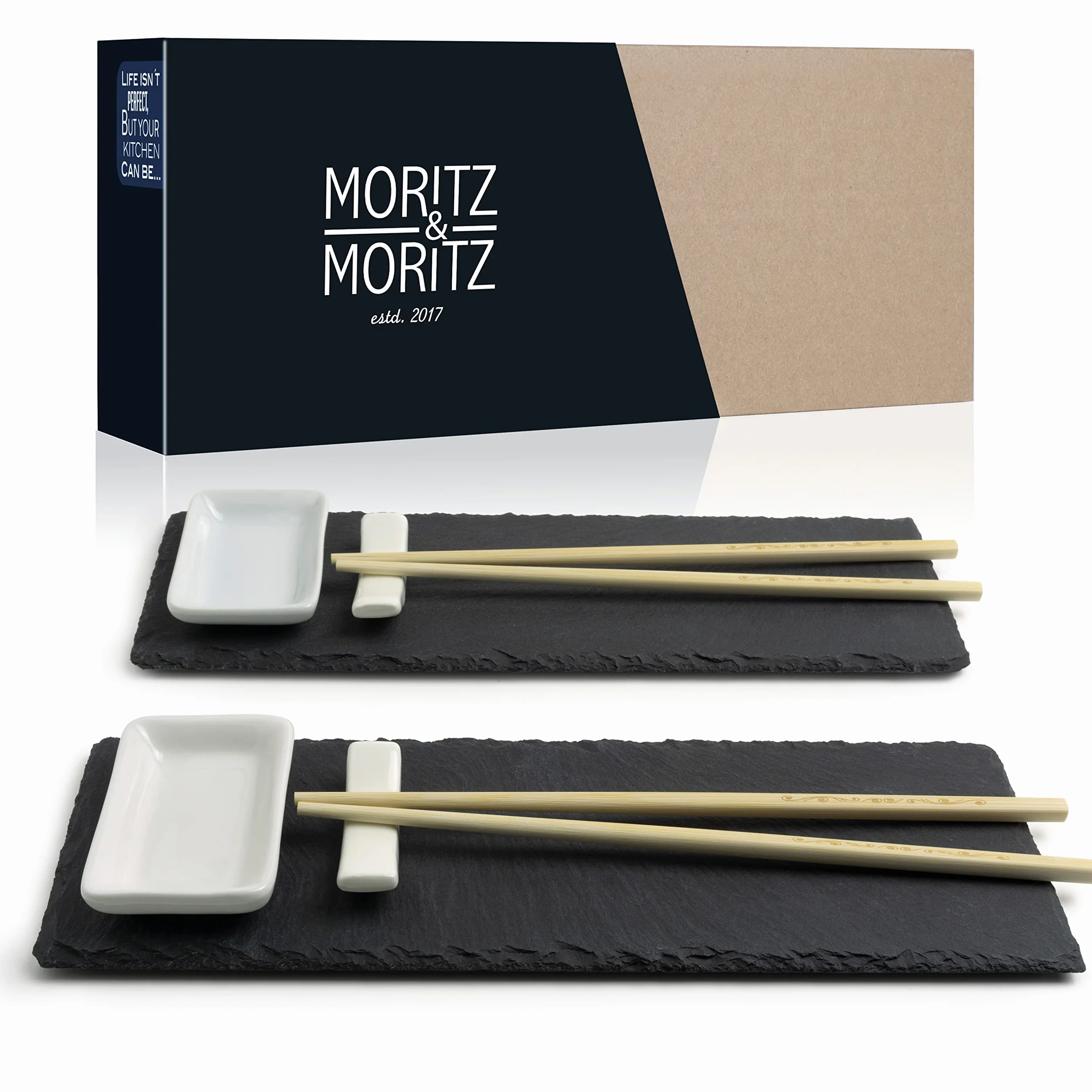 Moritz & Moritz Zestaw do sushi 10-częściowy płyta łupkowa 30x10 cm z miseczkami na dip i pałeczkami