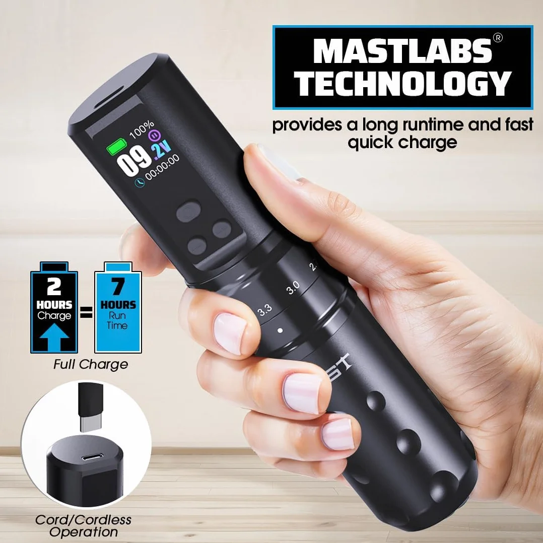 Mast Fold2 Pro Tattoo Machine Kit Wireless Tattoo Gun Machine Pen 2 Batteries 2000mAh RCA Connect for Long Time, Tattoo Needles Cartridges Black Tattoo Ink Complete Kit pink