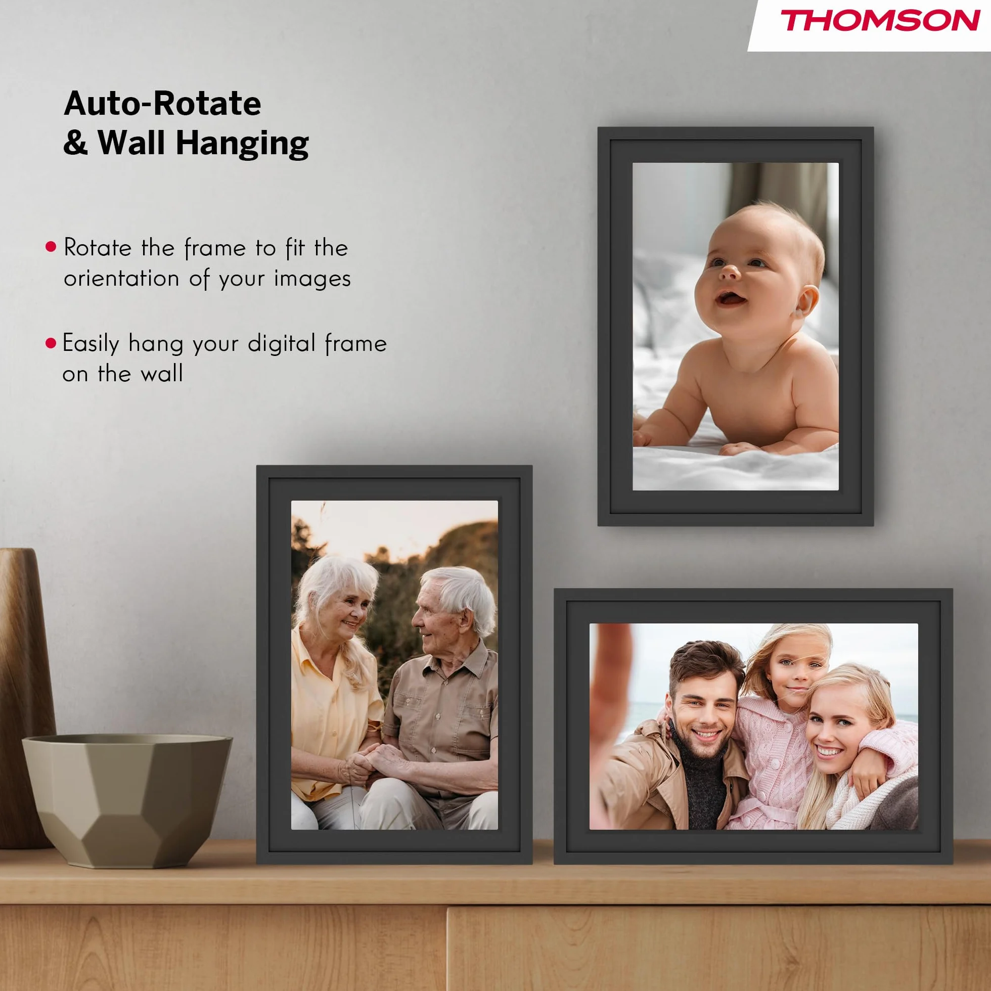 Thomson Cyfrowa Ramka na Zdjęcia 10 Cali, Ekran IPS, Ekran Dotykowy HD, WLAN, Bezpośrednie Udostępnianie przez App, Funkcje Smart, Elektroniczna Ramka na Zdjęcia z Pamięcią 32 GB, Automatyczny Obrót