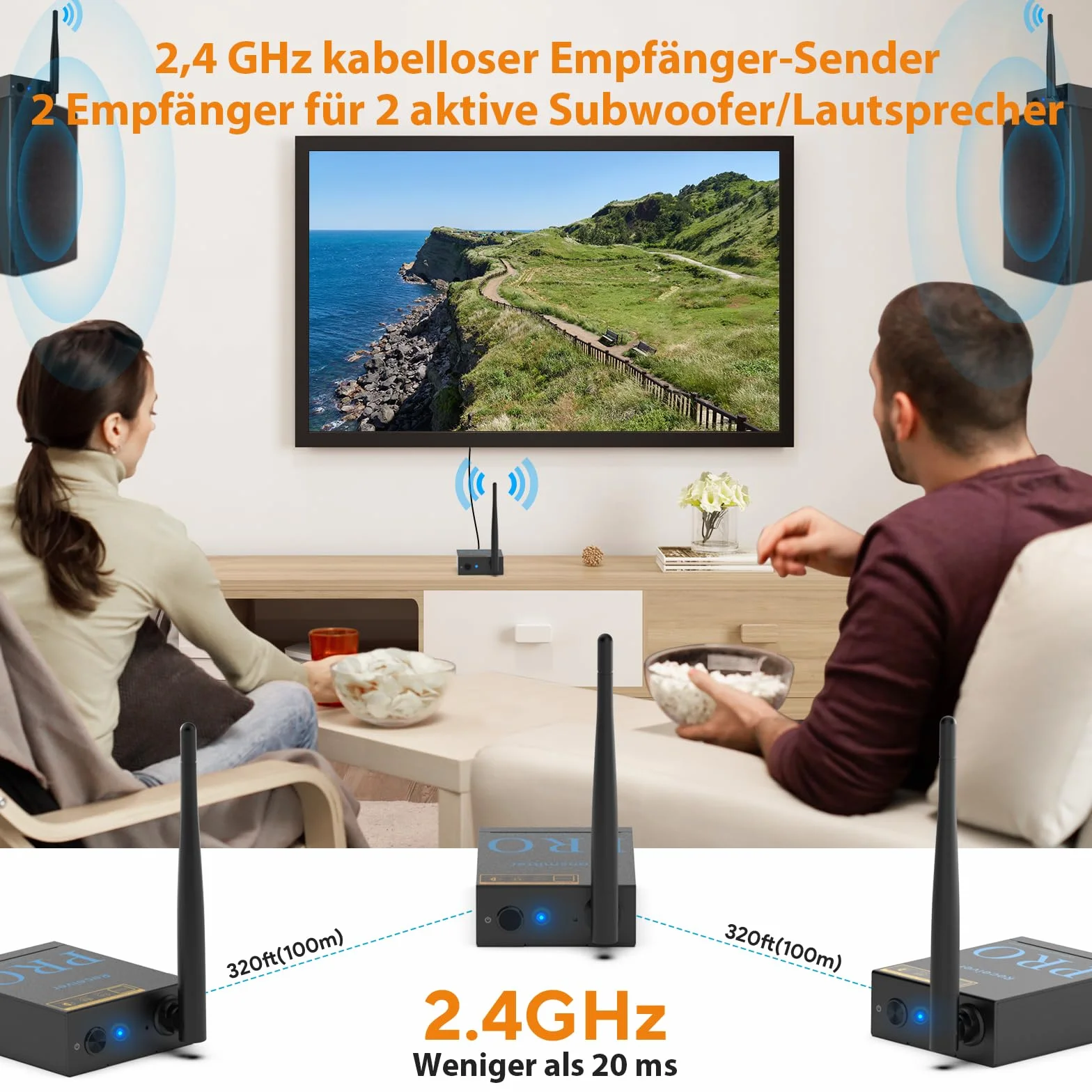 1Mii bezprzewodowy nadajnik i odbiornik audio 3 w 1, transmisja radiowa 2,4 GHz, niskie opóźnienia, muzyka Hi-Fi z TV/PC do aktywnego subwoofera/głośnika/stereo, optyczny/koncentryczny/3,5 mm wyjście