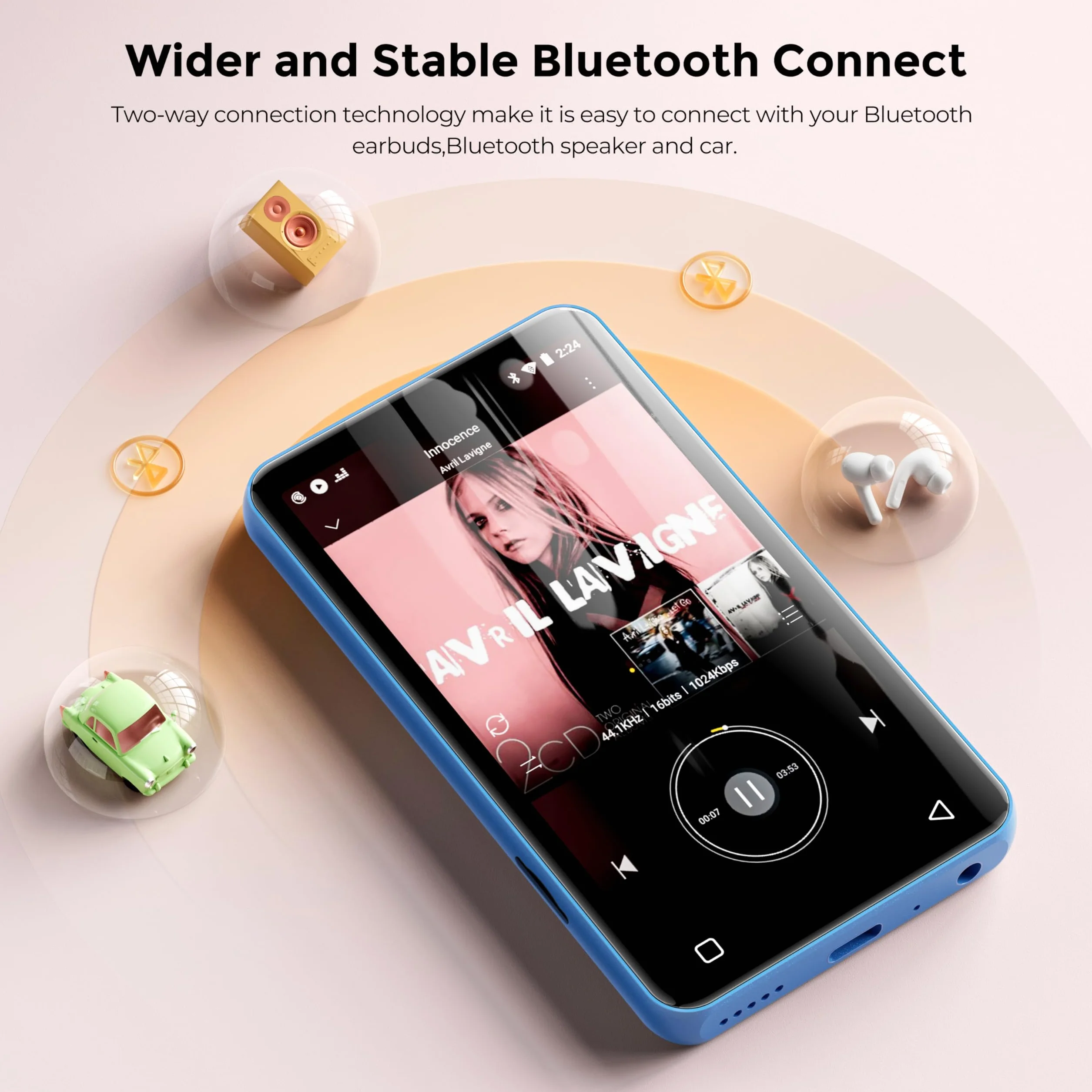 innioasis Odtwarzacz muzyczny ze Spotify, Pandora, Amazon Music, ekran dotykowy Android MP4, odtwarzacz MP3 dla dzieci z Libby, Audible, Audiobook (biało-niebieski)