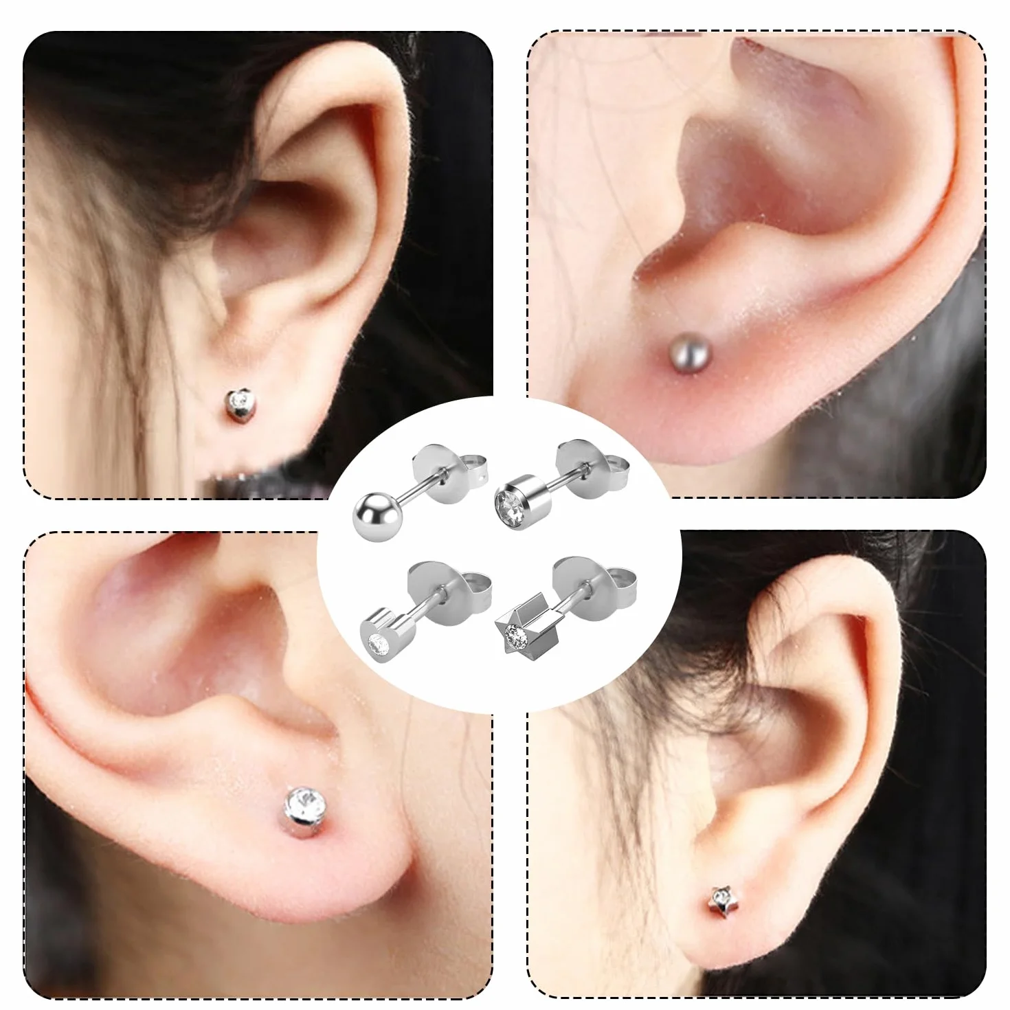 CHENYU Sterylne kolczyki do piercingu, zestaw 4 par kolczyków do uszu, 8 wkładek alkoholowych, biały pistolet do piercingu uszu dla kobiet i mężczyzn
