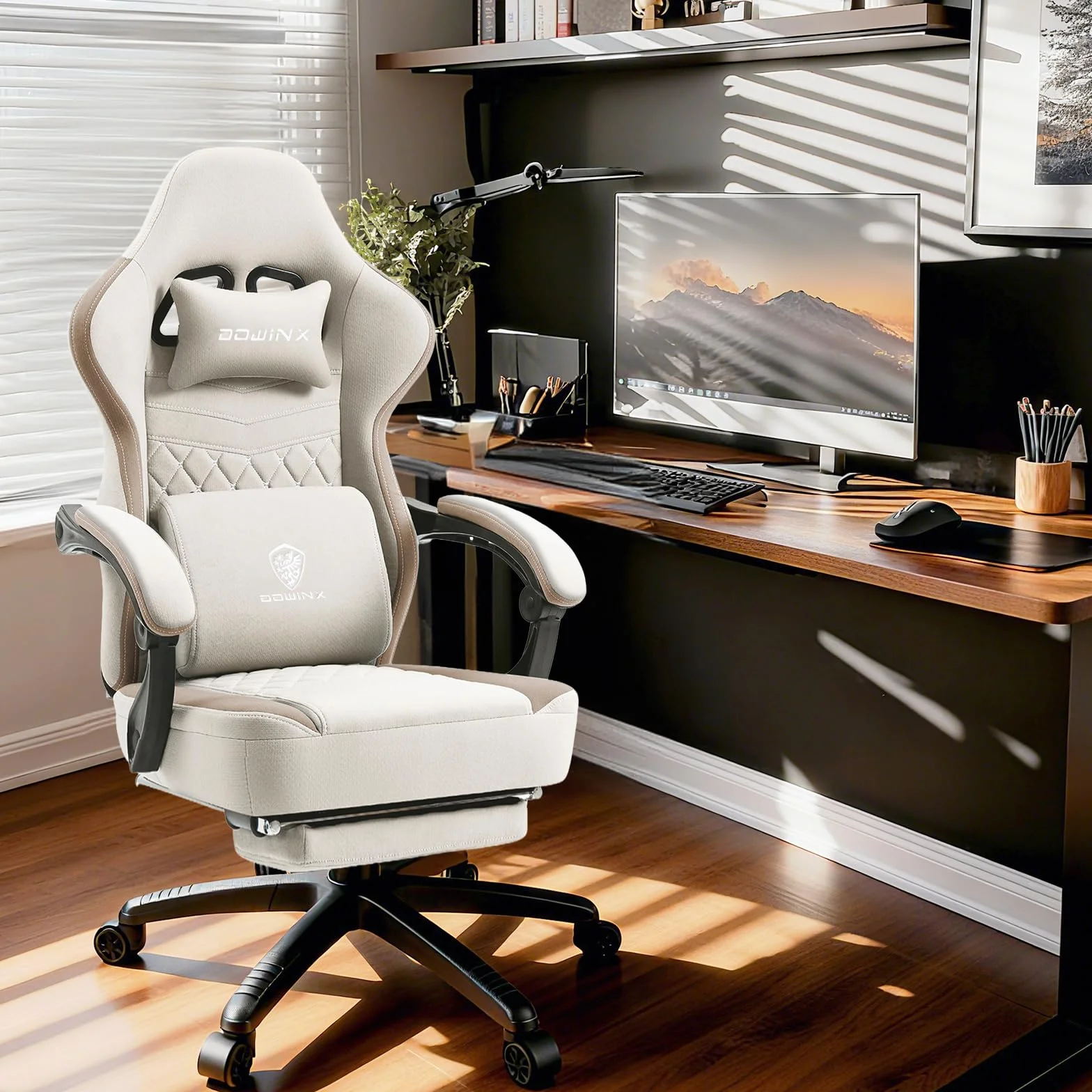 Dowinx fotel gamingowy z tkaniną, masażer do gier z podnóżkiem, ergonomiczny fotel komputerowy dla graczy, fotel biurowy, wytrzymałość 150 kg, kolor beżowy