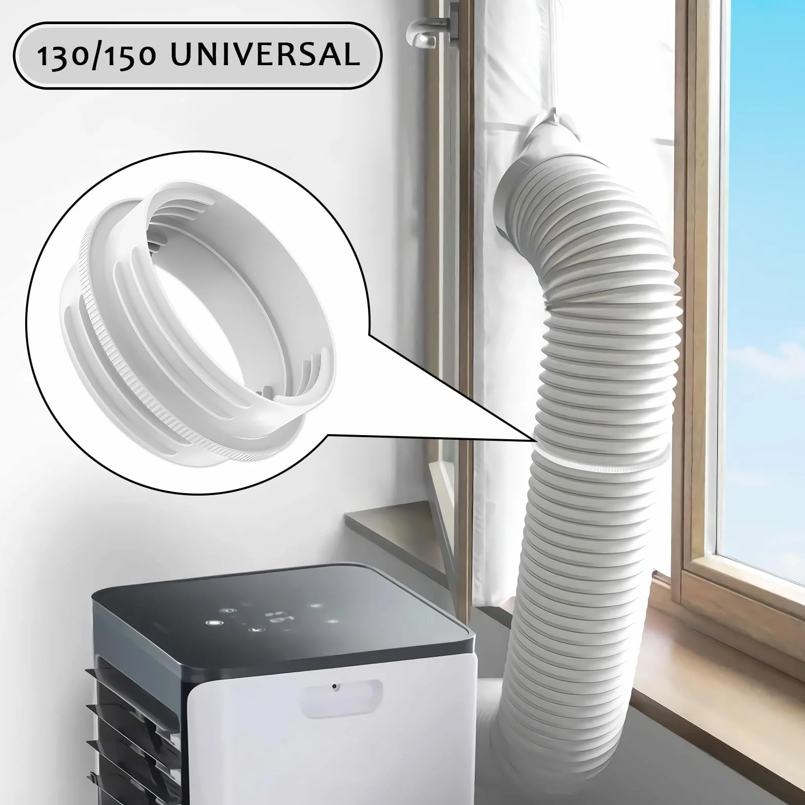 Złącze węża wylotowego klimatyzacji, uniwersalne mobilne złącze rurowe AC, 130 mm wewnątrz/150 mm na zewnątrz, biały, materiał ABS, złącze węża klimatyzacji, do węża wylotowego AC