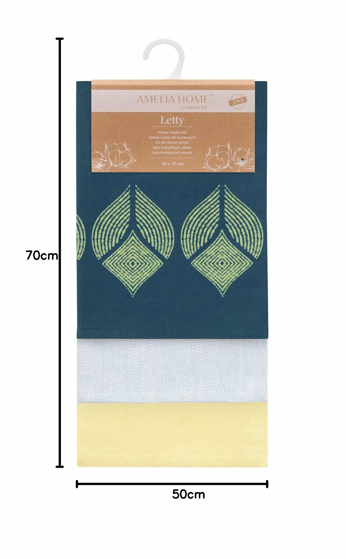 AmeliaHome Zestaw Ręczników Kuchennych 3 Sztuki Bawełniane 50x70 cm Wzór Geometryczny Błękitny Granatowy Żółty
