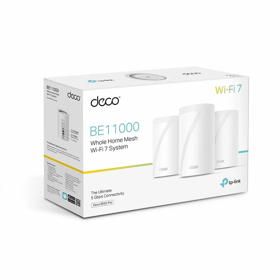 TP-Link WiFi 7 Deco BE65 Pro Router Mesh WiFi, BE9300 Mbps Tri-Band, kanały 320 MHz, 2 porty 5 Gb/s, port 2,5 Gb/s, Alexa, HomeShield, MLO, współpracuje z każdym ISP i modemem, 4 anteny wewnętrzne, 3