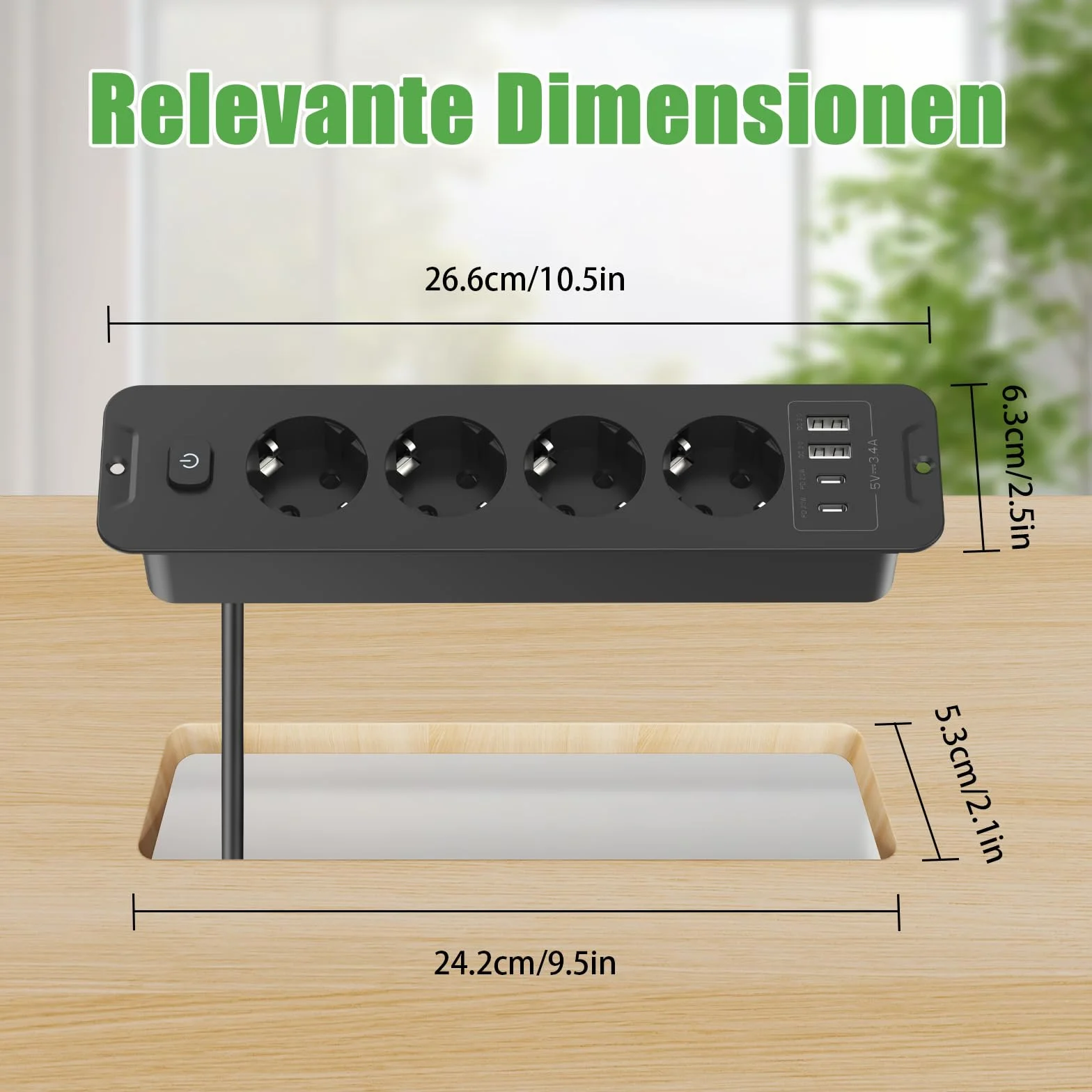 Listwa zasilająca stołowa z 4 gniazdami wtykowymi z 2 portami USB i 2 typami C, wpuszczane gniazdko z kablem 2 m, 250 V/16 A, do mebli lub powierzchni roboczych, czarna