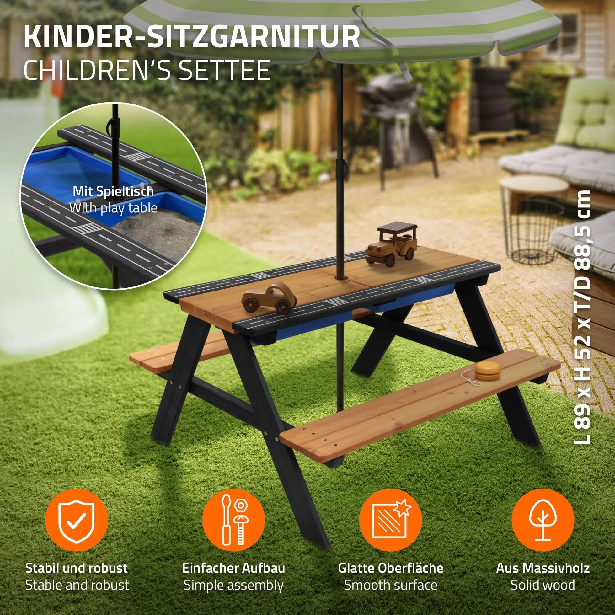 ML-Design Zestaw Mebli dla Dzieci 2 w 1 ze Stołem do Zabawy z Piaskiem i Wodą Naturalny Brąz z Litego Drewna