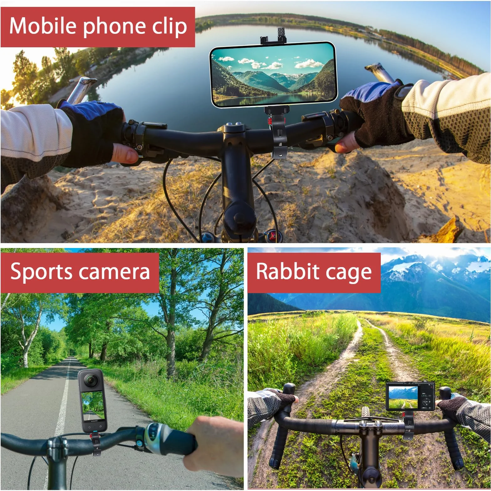 TNSLAND Uchwyt rowerowy, uchwyt na kierownicę rowerową, obracany o 360°, uchwyt na kamerę sportową, uchwyt rowerowy na kierownicę 1/4 cala, zacisk śrubowy do kamery sportowej (czarno-czerwony
