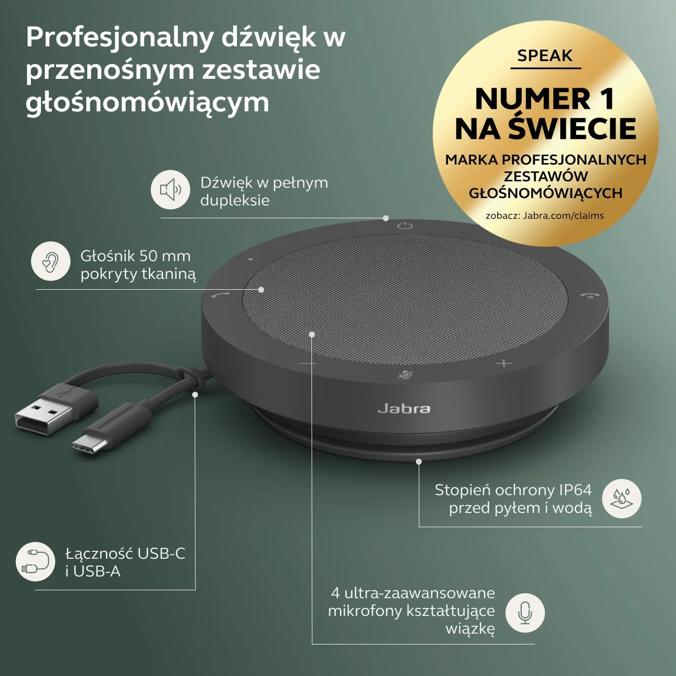 Jabra Speak2 40 przenośny zestaw głośnomówiący, 4 mikrofony, redukcja szumów, pełnozakresowy głośnik 50 mm, dźwięk szerokopasmowy, złącza USB A i USB C - MS Teams i inne platformy - ciemnoszary