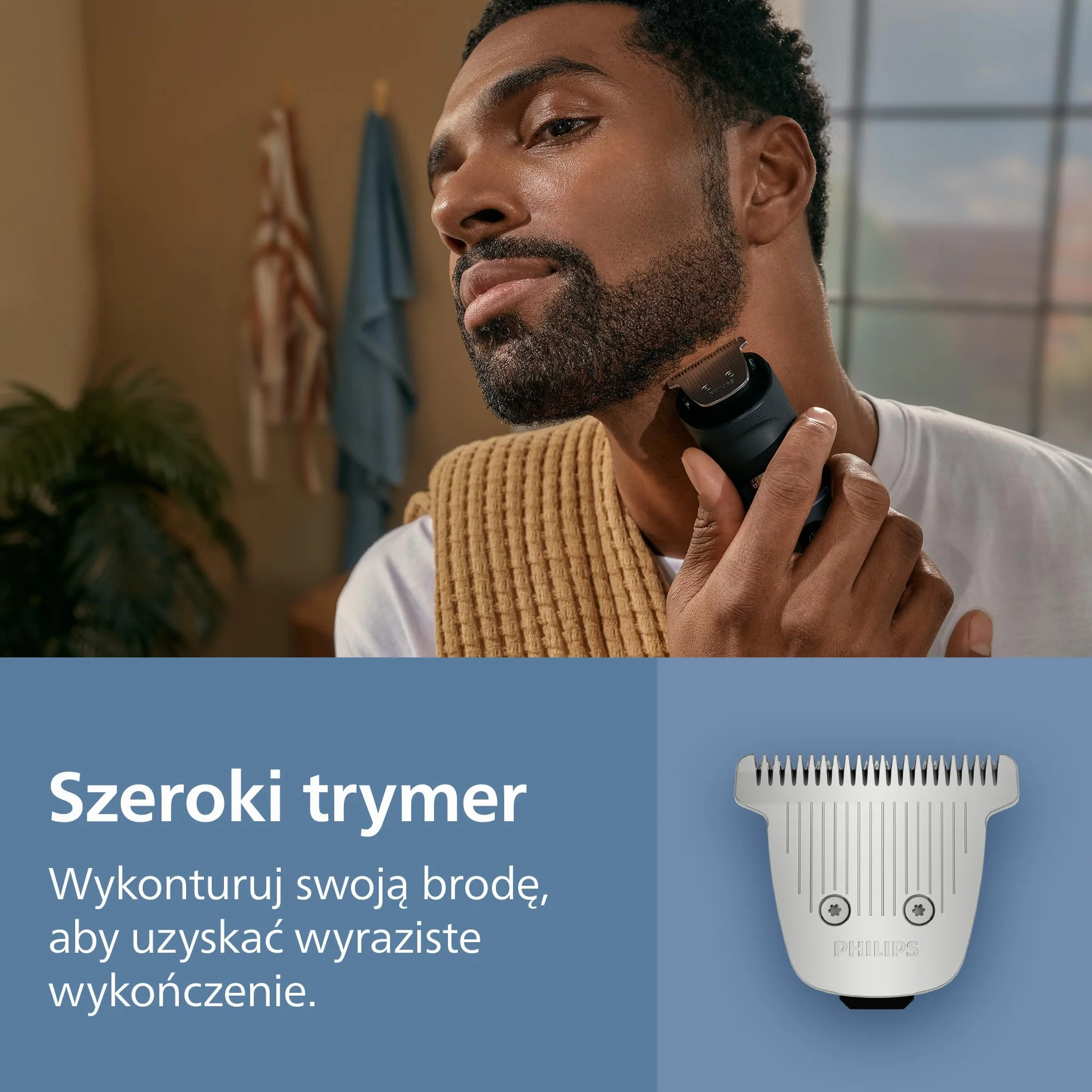 Trymer do brody Philips z serii 7000 – samoostrzące się metalowe ostrza, 40 ustawień, technologia BeardSense, zbiornik na włosy, 100% wodoodporności, szeroki trymer, model BT7670/15