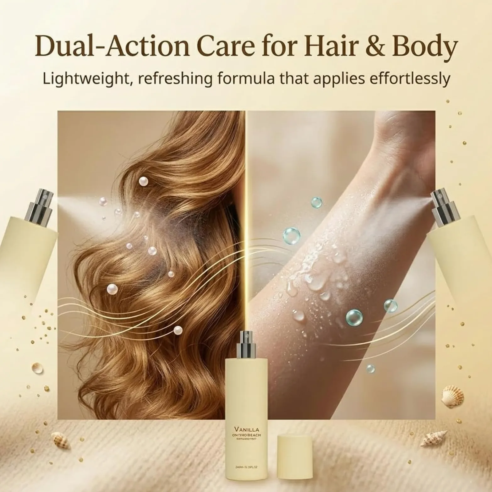 Vanilla on-the-Beach 2 w 1 spray do włosów i ciała, waniliowy spray do ciała dla kobiet, długotrwały zapach premium na bazie wody (2 szt.)