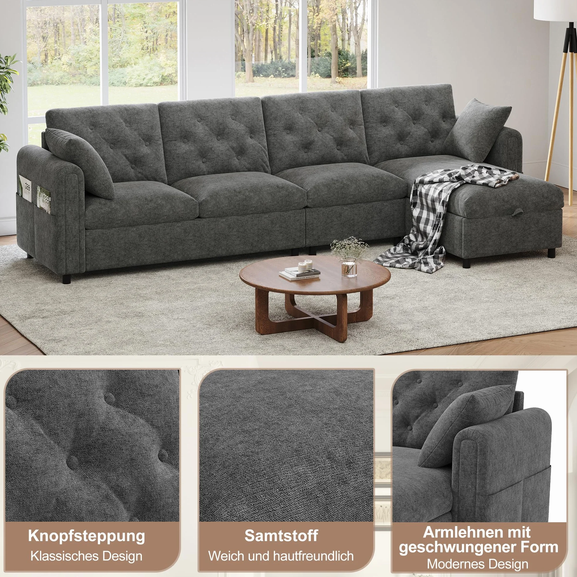 Aksamitna sofa L-kształtna z miejscem do przechowywania, regulowana, szara