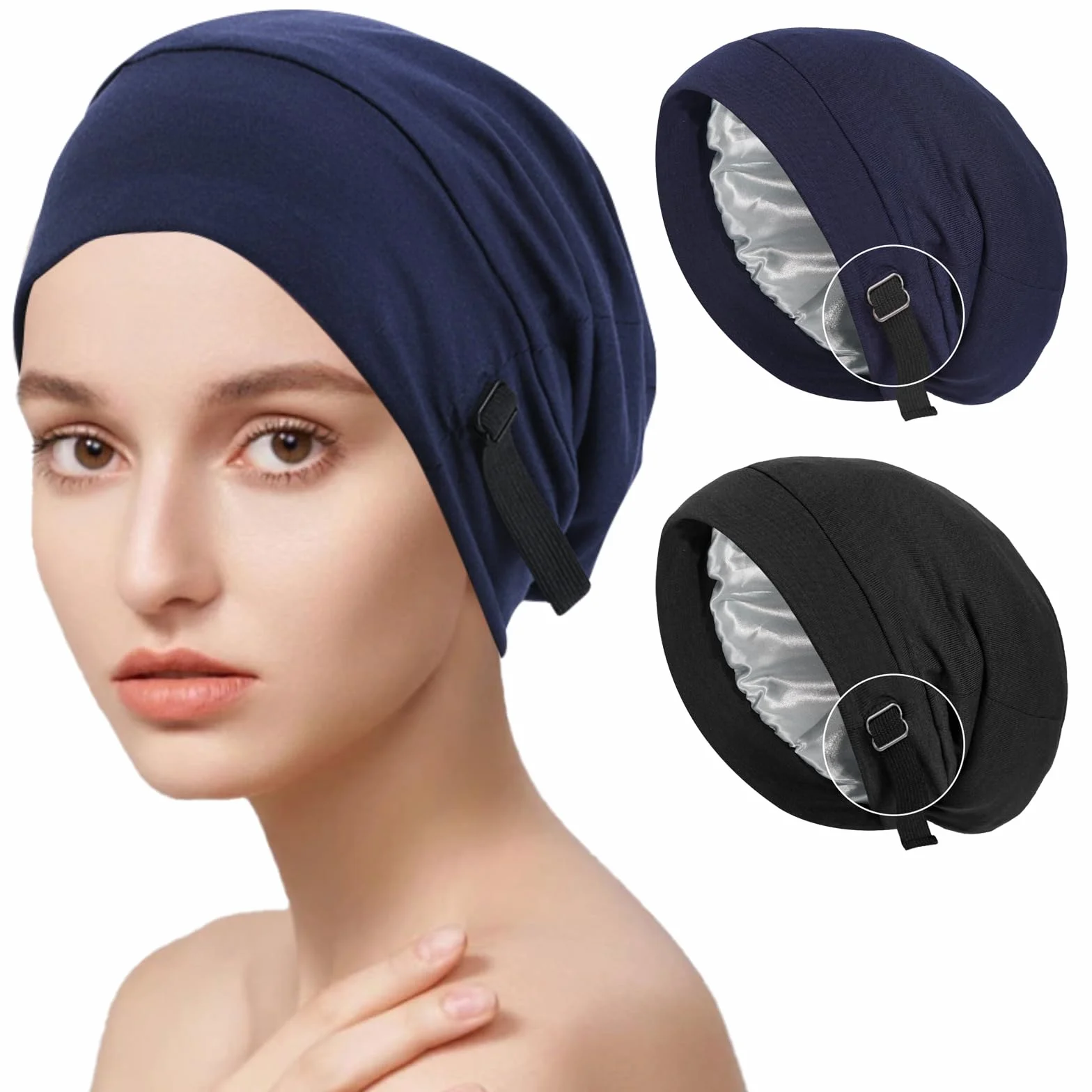 2 szt. satynowy czepek do spania dla kobiet i mężczyzn, regulowany czepek do spania, do chemioterapii, chusta na głowę, czapka beanie, opaska do włosów, rozmiar uniwersalny
