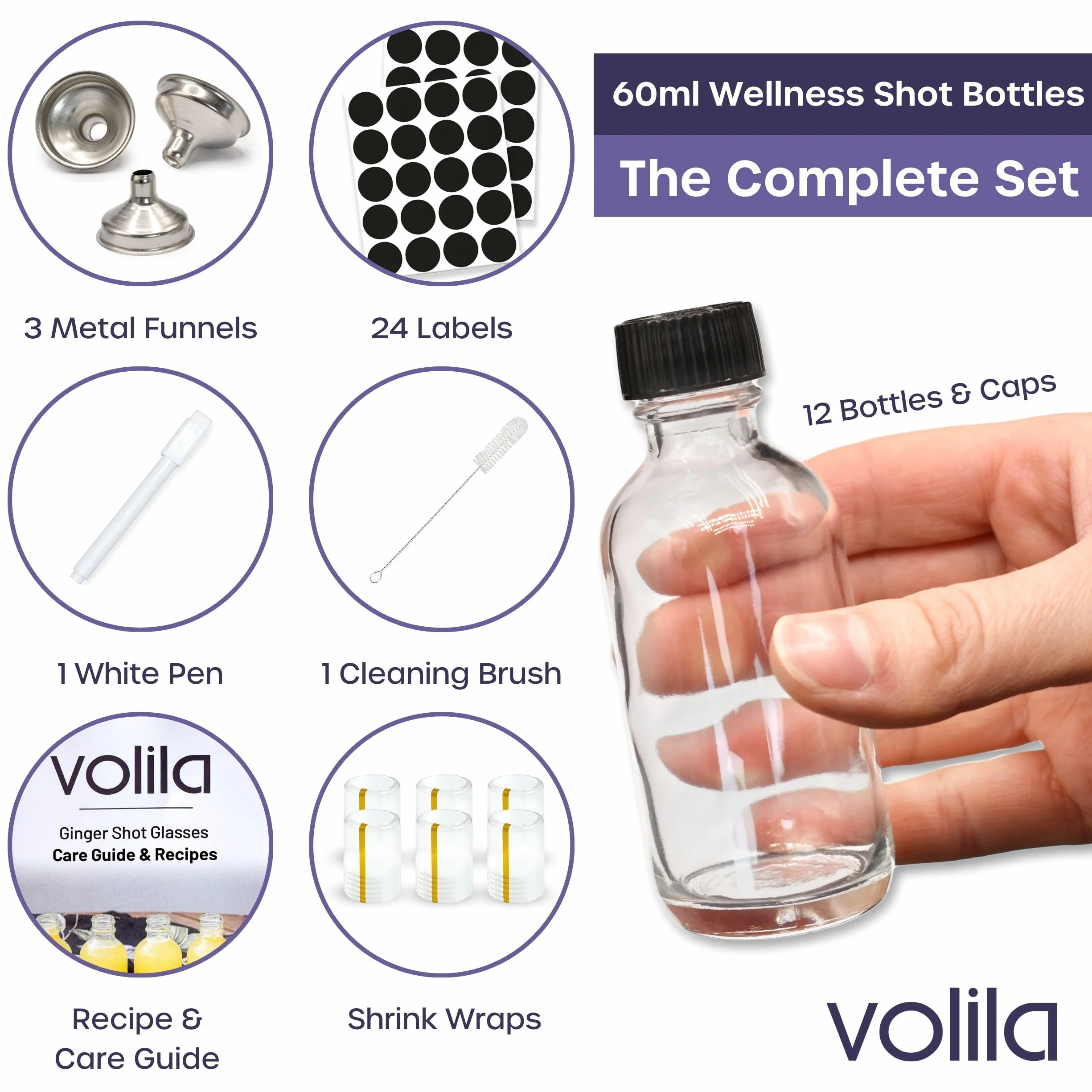 Volila Butelki Szklane 60 ml 12 Sztuk z Pokrywkami Wielokrotnego Użytku do Soków