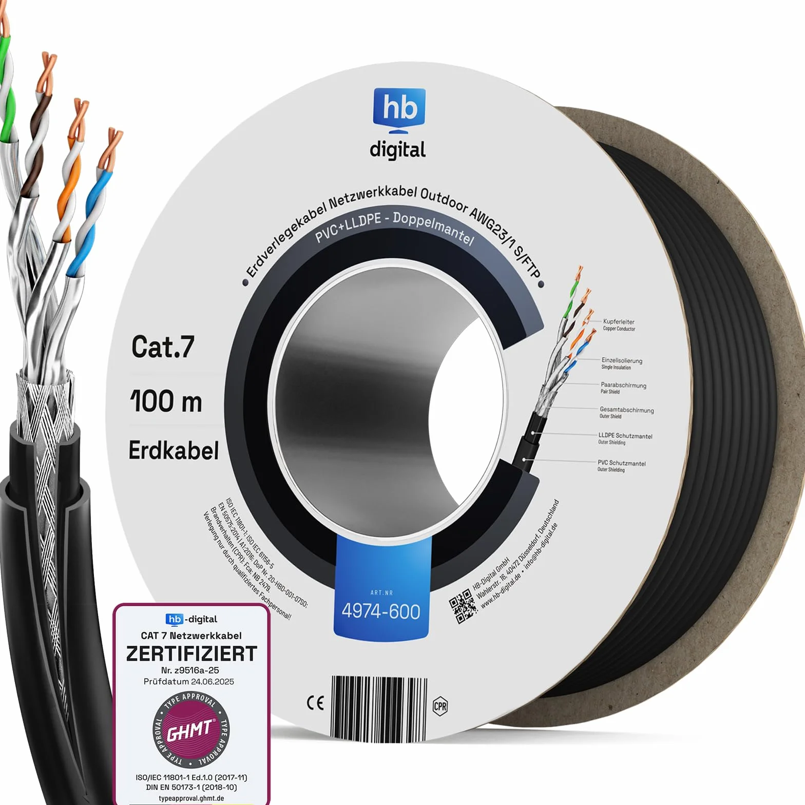 HB-DIGITAL 100 m CAT 7 zewnętrzny kabel sieciowy do bezpośredniego układania w ziemi S/FTP AWG23/1, czysta miedź, podwójny płaszcz PCW + LLDPE, odporny na działanie promieni UV, wodoodporny PoE 10