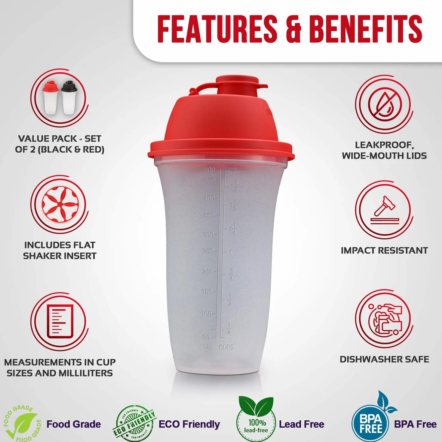 SIGNORA WARE Proteinowy shaker 500 ml, zestaw 2 sztuk, do napojów proteinowych, suplementów diety w proszku, białek kulturystycznych, sosów do sałatek, bez BPA