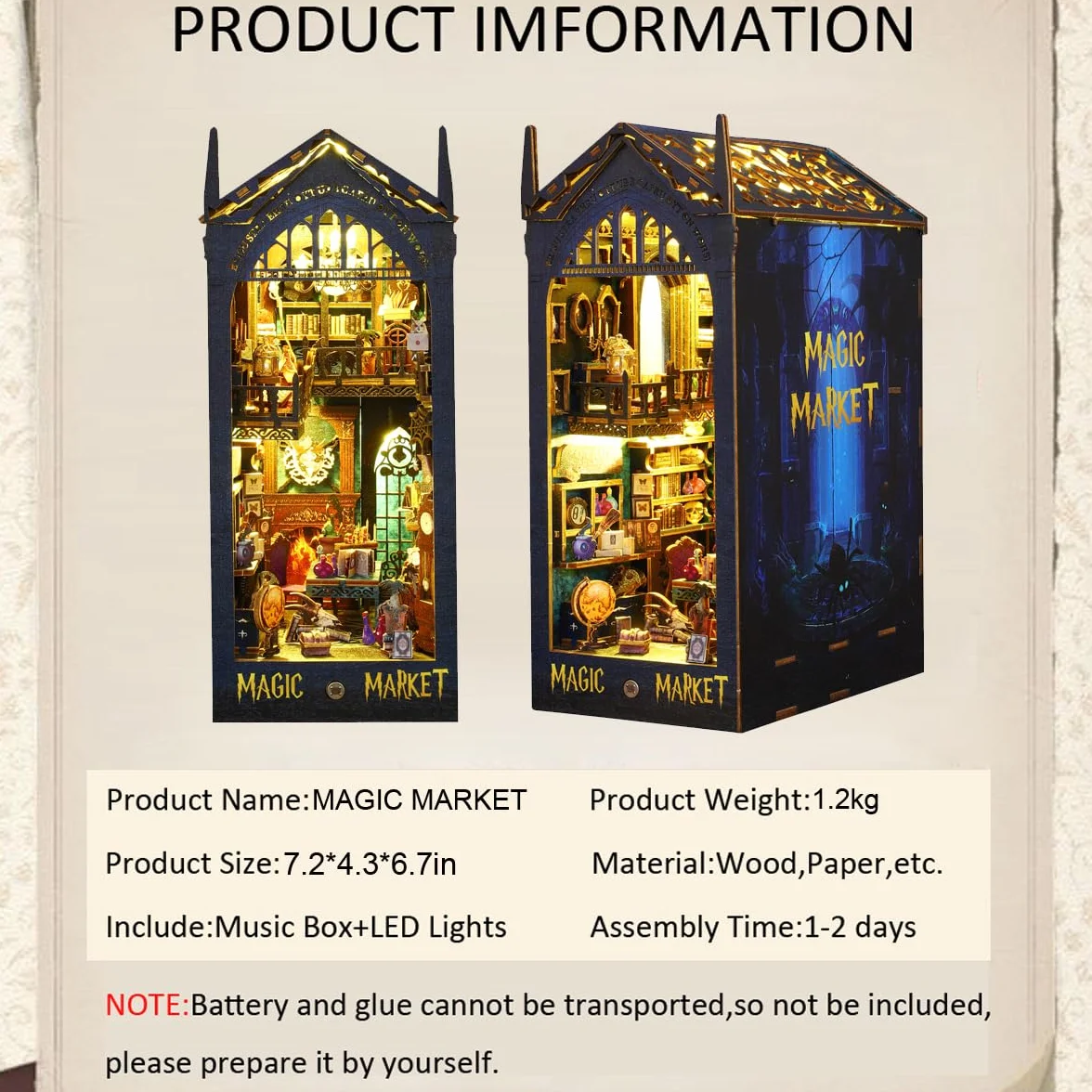 CUTROOM Book Nook Kit ze światłami LED Magic Market DIY miniaturowy zestaw do domku dla lalek drewniane puzzle 3D podpórka na książki regał na książki SL009-EU