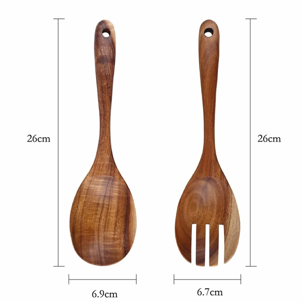 2 sztuki drewnianych sztućców do sałatek – 26 cm, drewniane łyżki do serwowania, zestaw sałatek, kolacji, widelec i łyżka, długi uchwyt, szczypce do sałaty