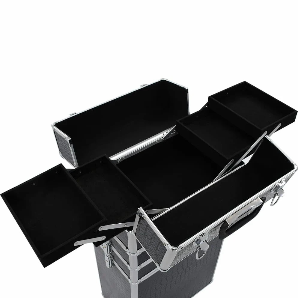 Walizka na kosmetyki aluminiowa, czarna, z tłoczeniem krokodyla, 4 półki, wysuwane półki, 4 zdejmowane kółka, 37 x 22 x 78 cm, organizer na podróż, do hotelu, na kemping i do łazienki