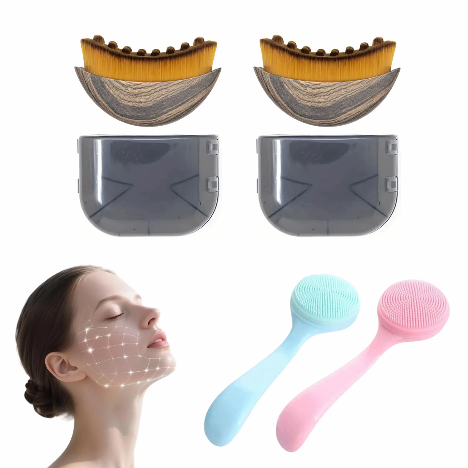 Lymphbürsten Gesicht - 4 Stück Professionelle Gesichtslymphdrainage Bürste für Straffere Haut, Tiefenreinigung und Entspannung für Unterwegs i Zuhause