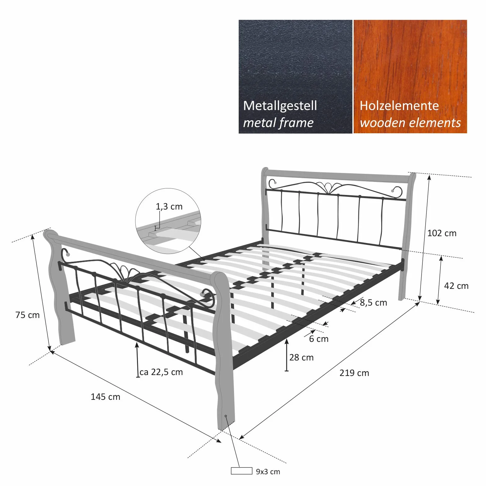 Homestyle4u metalowe łóżko 140 x 200 cm ze stelażem listewkowym, rama metalowa, słupki drewniane brązowe