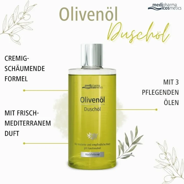 Oliwa z oliwek olejek pod prysznic – kremowa, delikatna pianka rozpieszcza zmysły i pielęgnuje ciało – o świeżym, śródziemnomorskim zapachu medipharma cosmetics