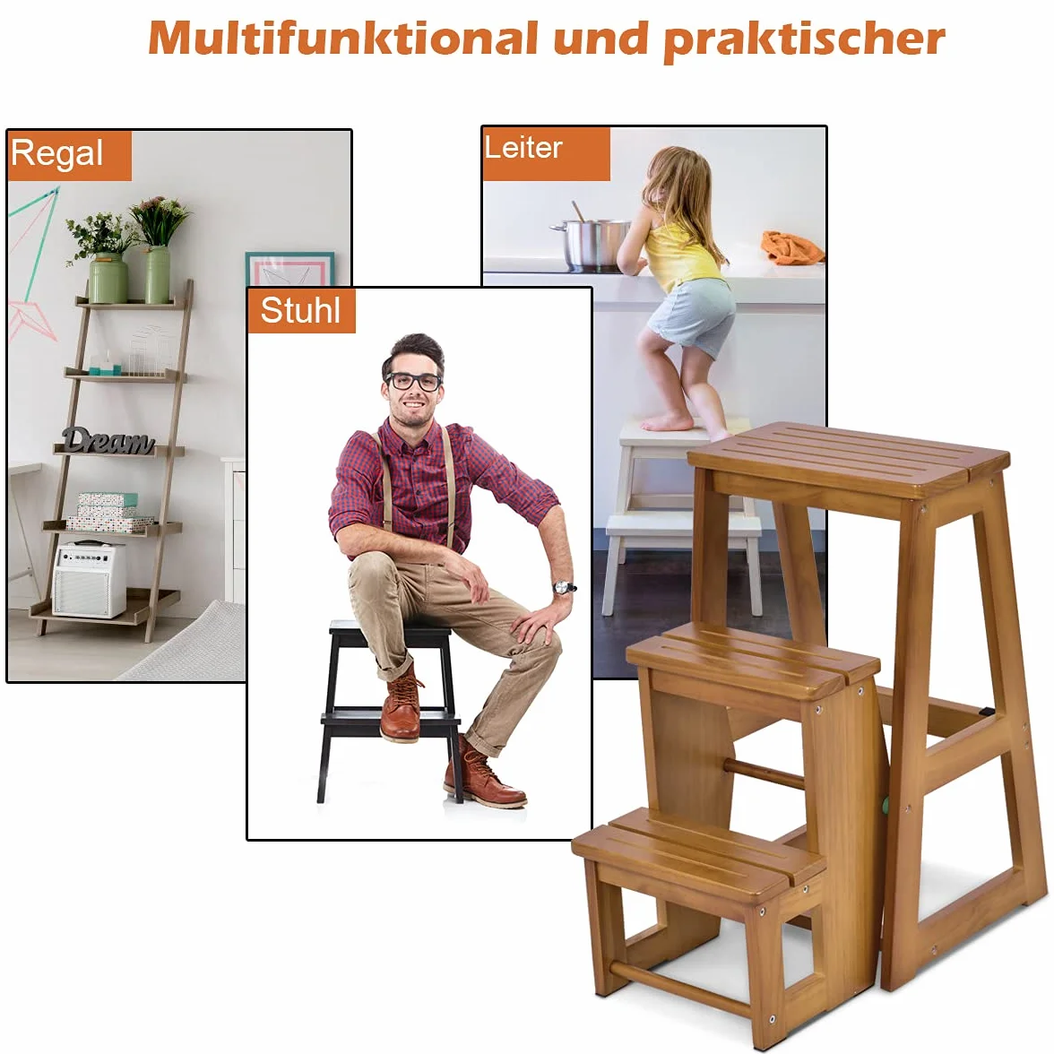 COSTWAY Drabinka taboret 3 stopnie składane krzesło 150 kg 66 cm drabina z litego drewna