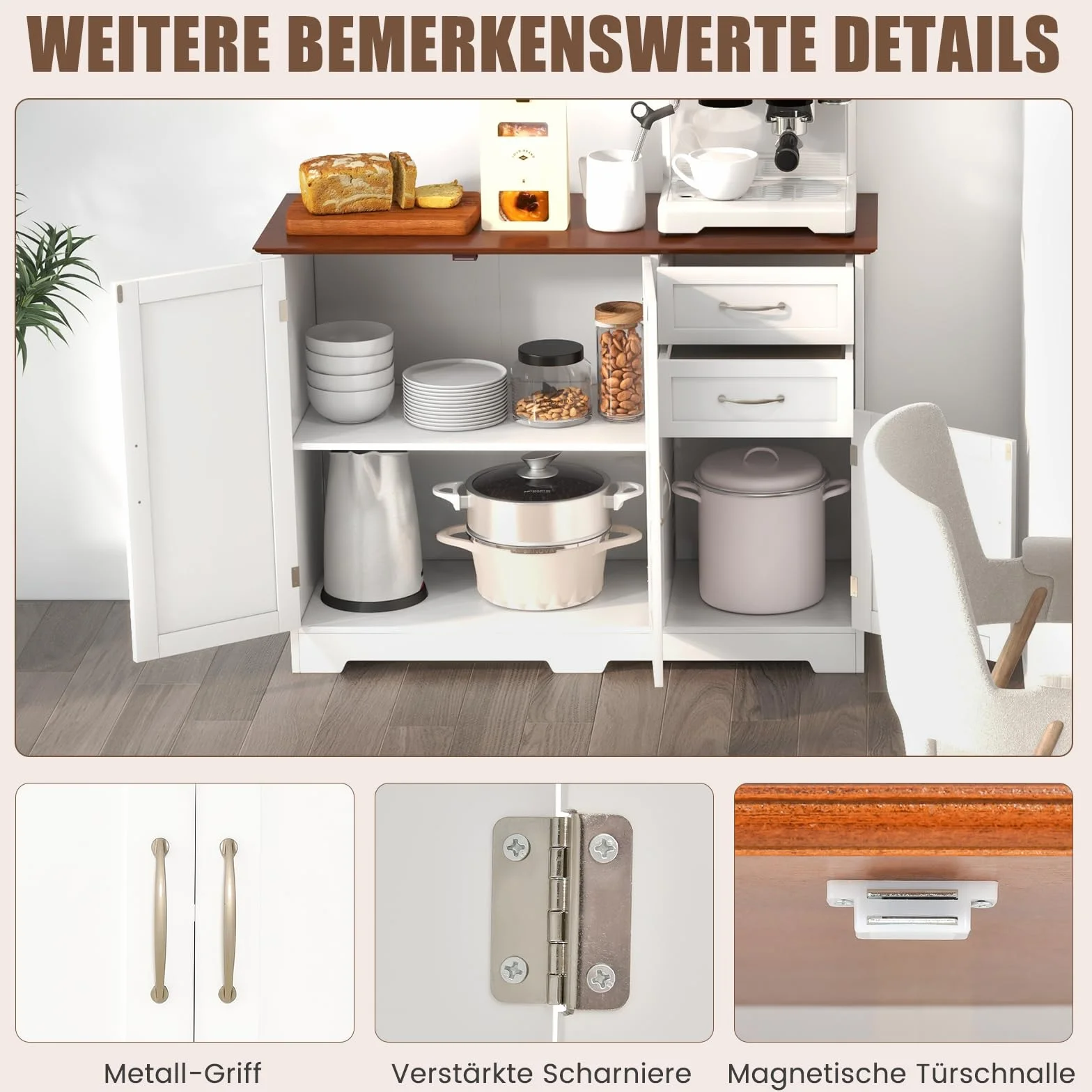 COSTWAY Kredens biały, szafka kuchenna z blatem roboczym 100 x 40 cm, szafka bufetowa z drzwiami i szufladami oraz regulowanymi półkami, wyspa kuchenna do kuchni, jadalni, JV11059WHDE