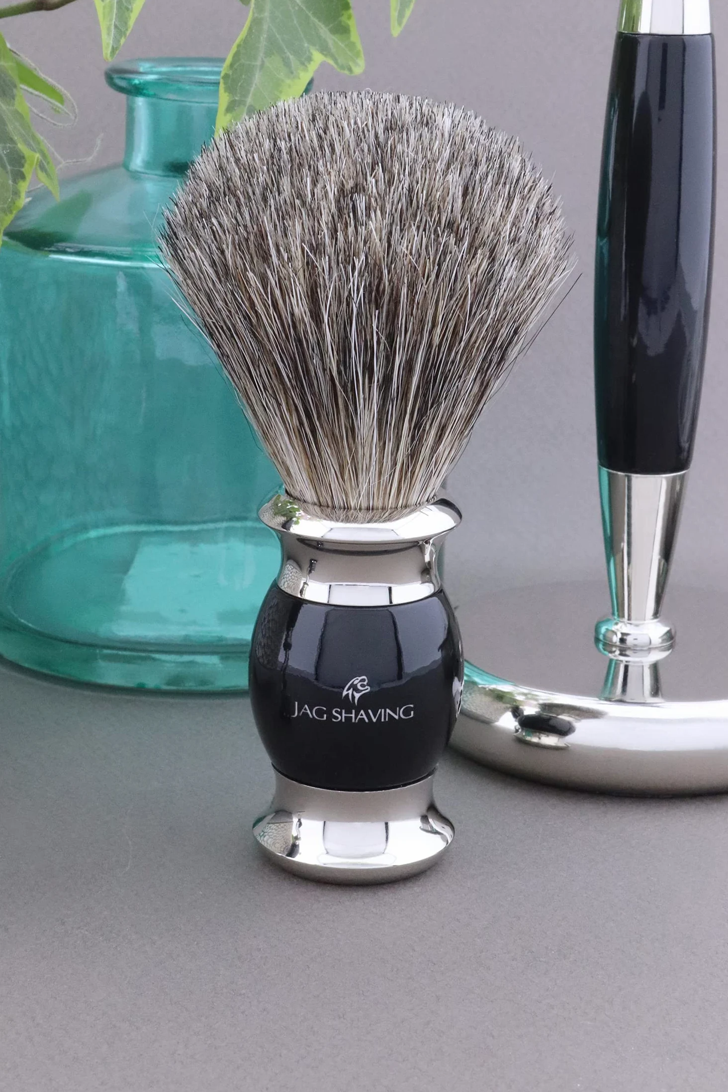 Jag Shaving zestaw do golenia – 3-częściowy zestaw do golenia z pędzlem do golenia – 3 ostrza do golenia – super pędzel do golenia z włosia borsuka – stojak do golenia – czarny zestaw do golenia jako