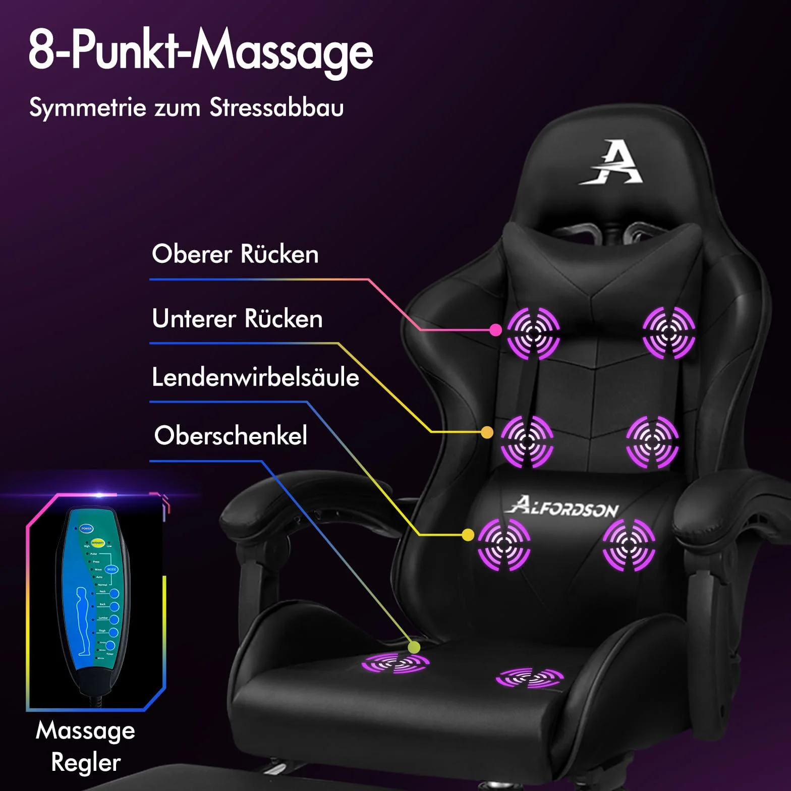 Fotel do masażu dla graczy ALFORDSON, fotel wyścigowy z zagłówkiem, ergonomiczny fotel biurowy, fotel rozkładany, składany podnóżek, oddychająca skóra PU, regulowana wysokość, nośność 180 kg, czarny