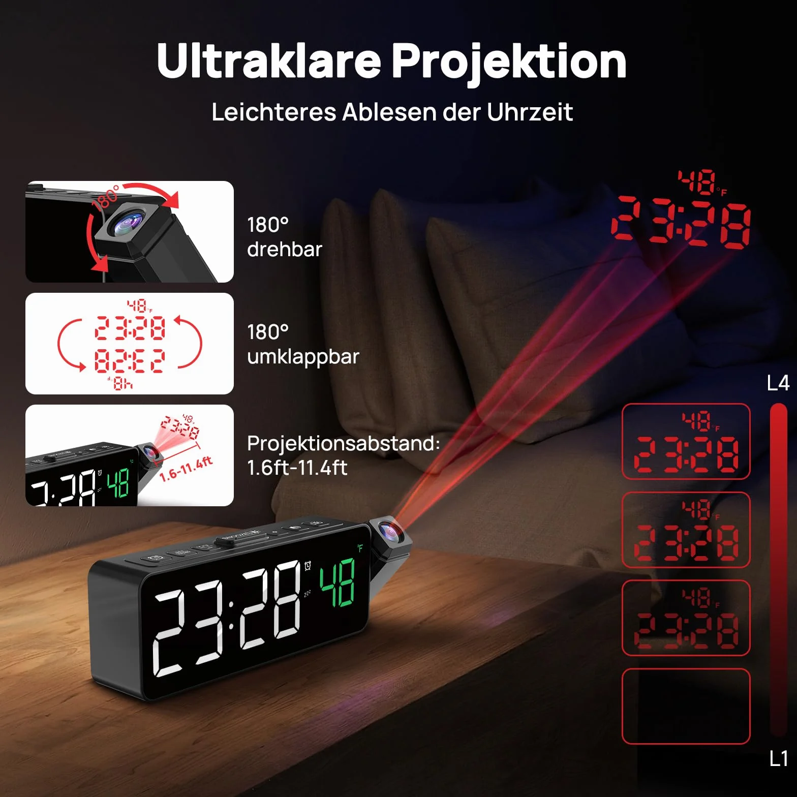 Budzik projekcyjny cyfrowy z projektorem 180°, wyświetlacz LED, 4 jasności, 3 głośności, 9 min drzemki, 12/24 h
