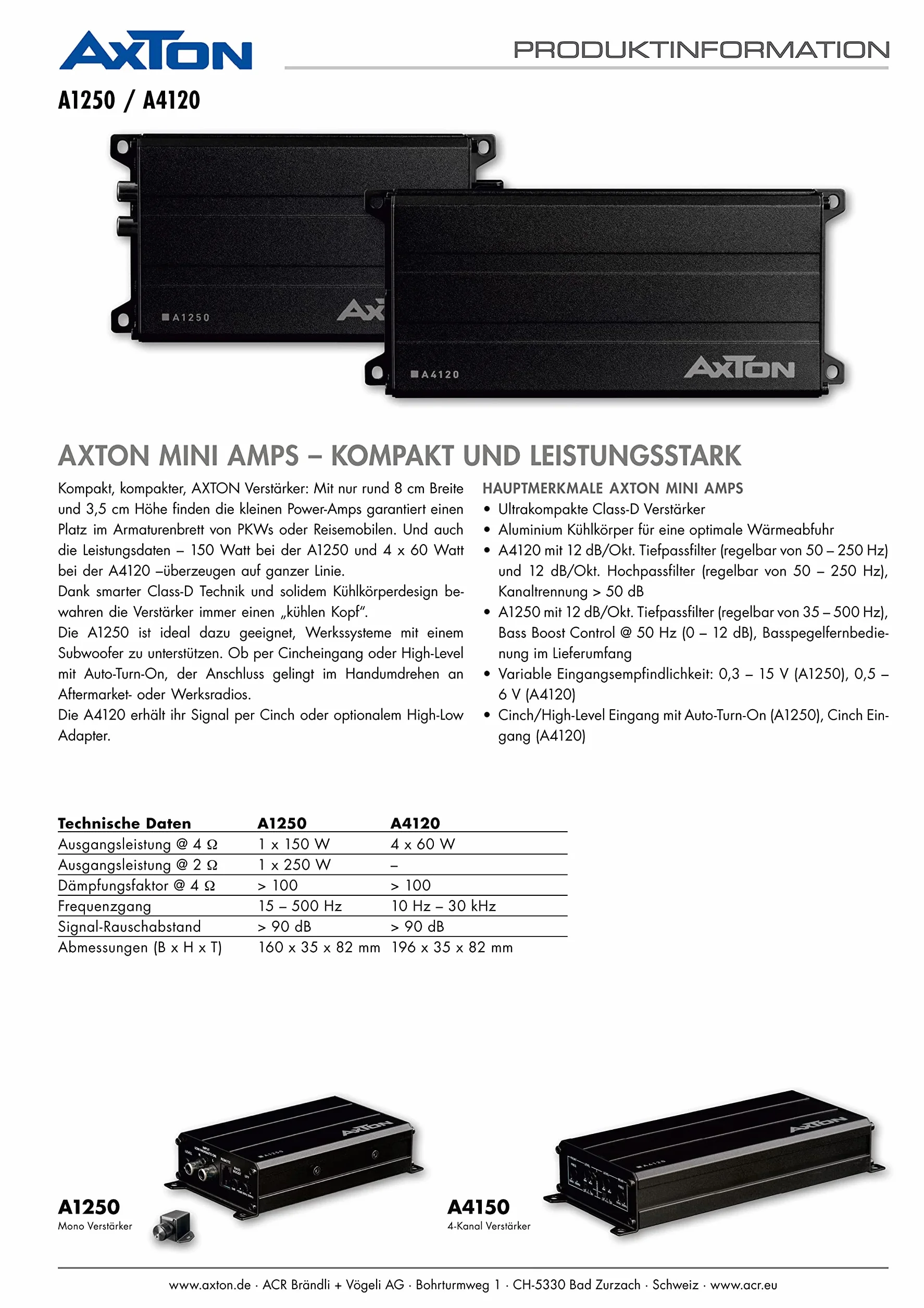 AXTON A1250 – ultra kompaktowy cyfrowy wzmacniacz mono do samochodów i kamperów, mini 1-kanałowy wzmacniacz basowy z wejściem wysokiego poziomu, klasa D, stabilny 2 omy, 1 x 150 W