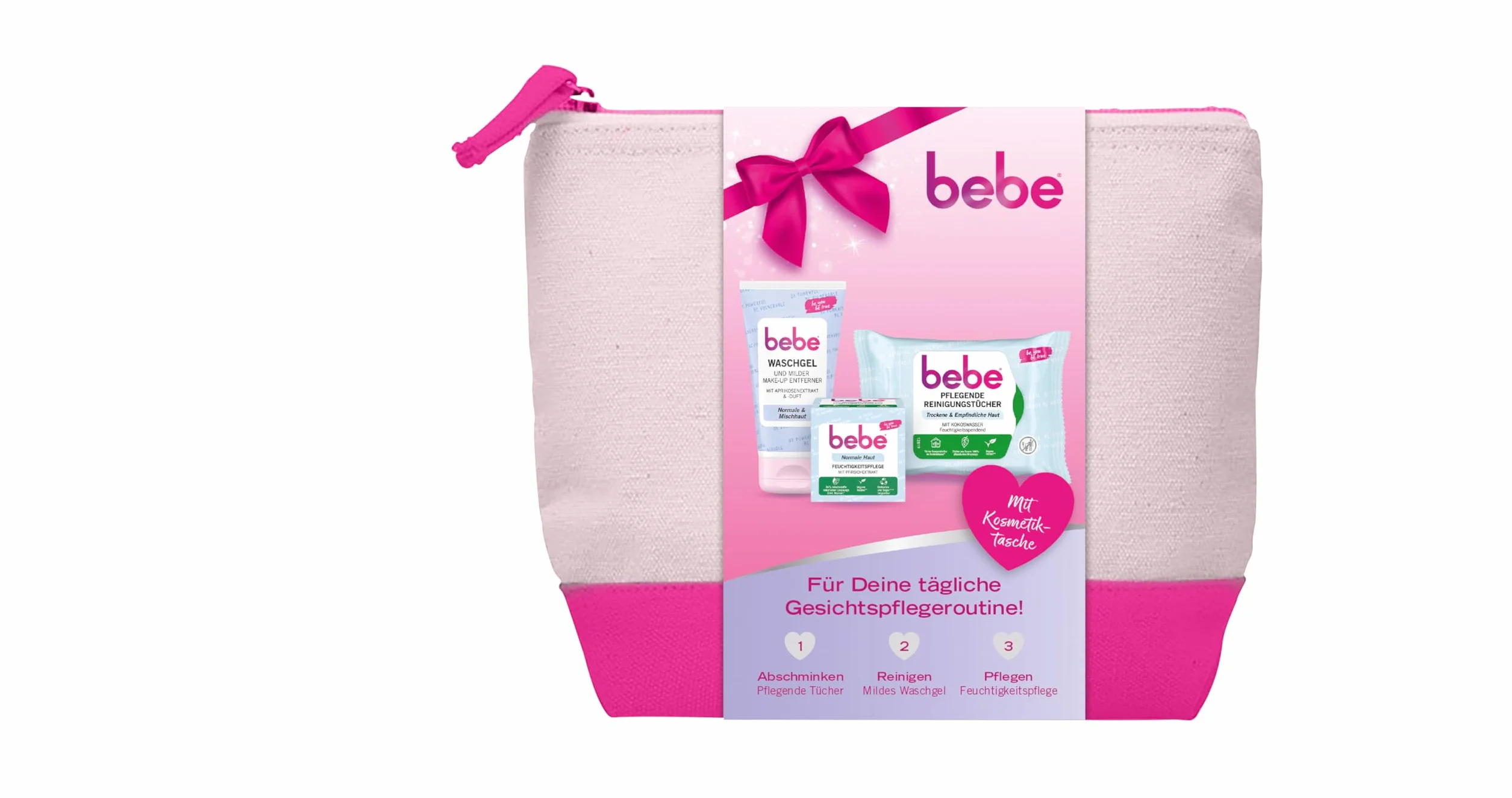 bebe Zestaw do pielęgnacji skóry, chusteczki do demakijażu (25 chusteczek), żel do mycia (150 ml), krem do twarzy (50 ml) i kosmetyczka, idealna do codziennej pielęgnacji twarzy i jako zestaw