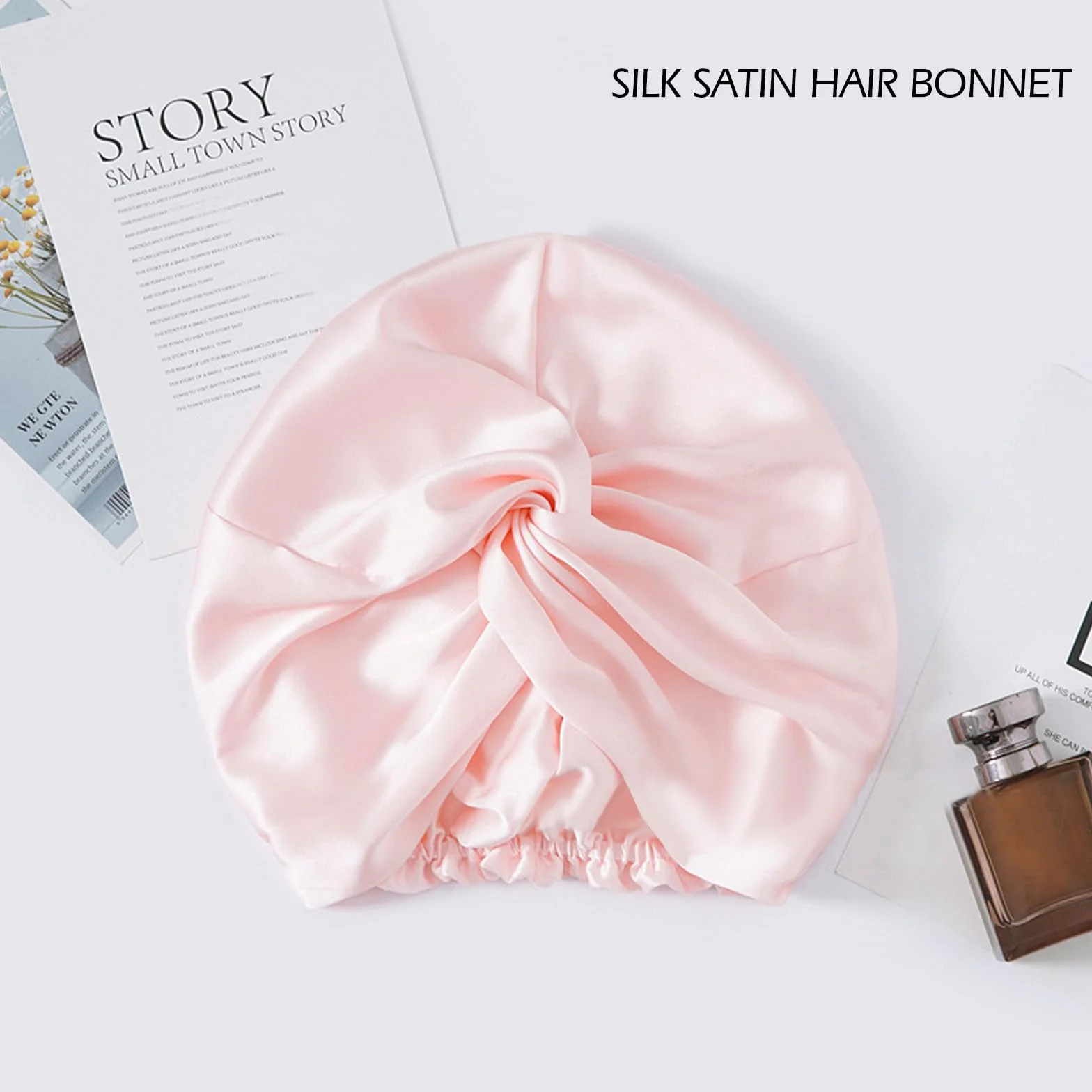 Moguri 1 x regulowany czepek do spania z jedwabnej satyny, dwuwarstwowy, czepek do spania, turban, kręcone, proste włosy, długie, duży splot, unisex, różowy, Rosa, l
