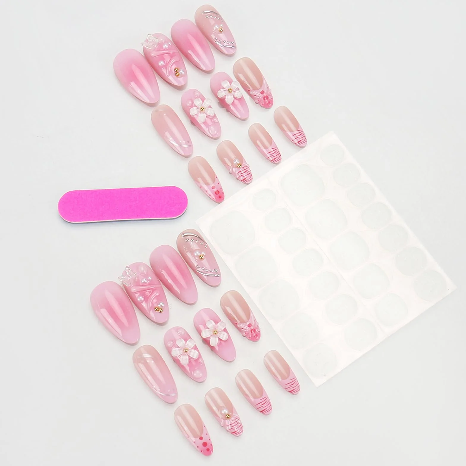 Sztuczne paznokcie migdałowe 3D różowe kwiaty koraliki zestaw do manicure 24 sztuki