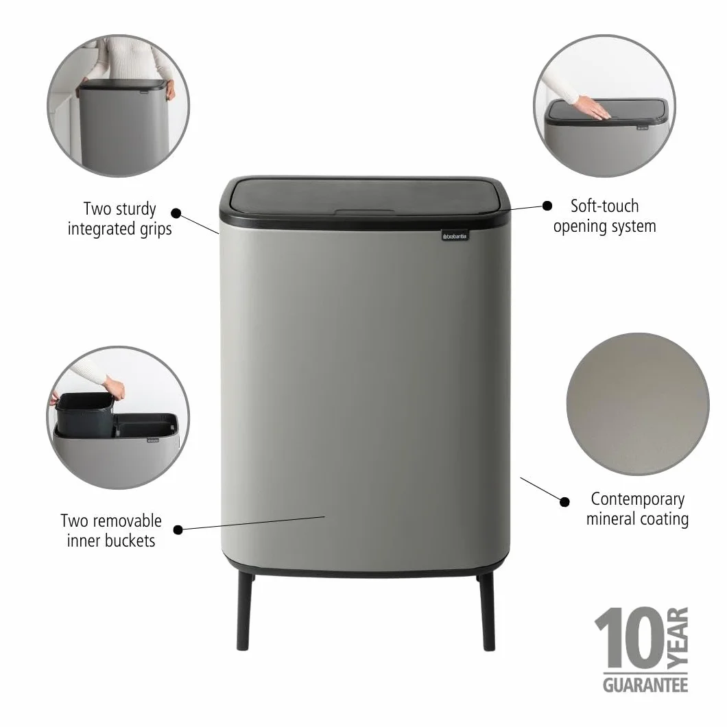 Brabantia - Bo Touch Bin High 2x30L - Duży Kosz na Śmieci do Kuchni - Otwieranie Soft-Touch - Podwójny Kosz z Wyjmowanymi Wewnętrznymi Wiadrami - Dołączone Worki na Śmieci - Grey - 55 x 31 x 82 cm