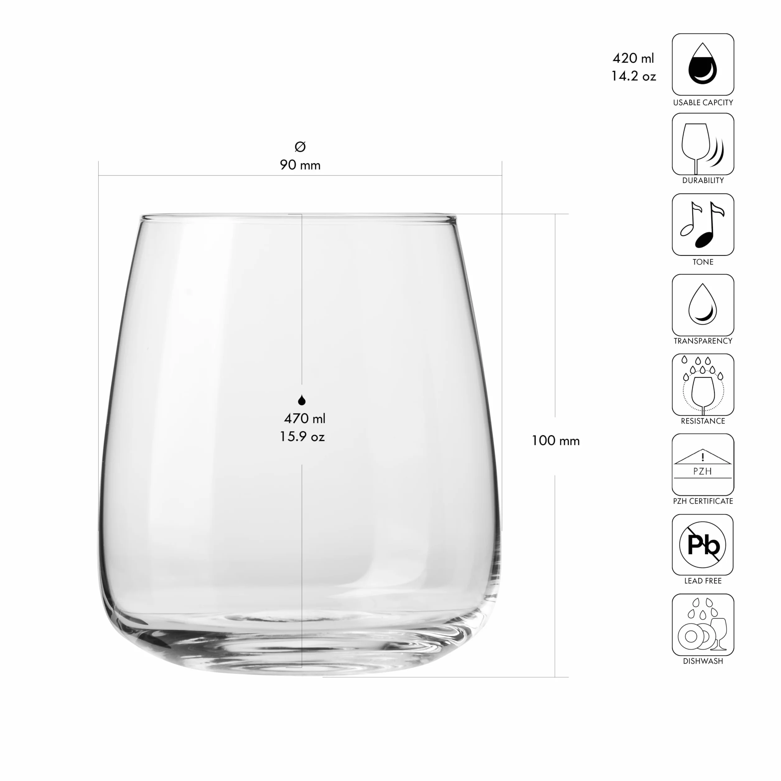 KROSNO Szklanki do Wody 470 ml Zestaw 6 szt Szkło Kryształowe Bezołowiowe Wysokie Zmywarka