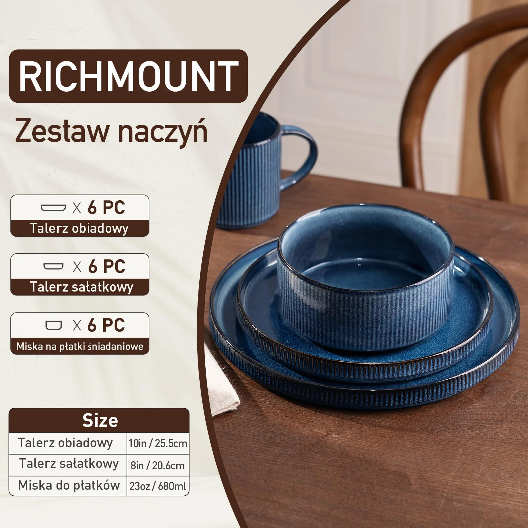 Richmount Star 18-częściowy zestaw talerzy kamionkowych dla 6 osób, do mikrofali i zmywarki, mglisty niebieski