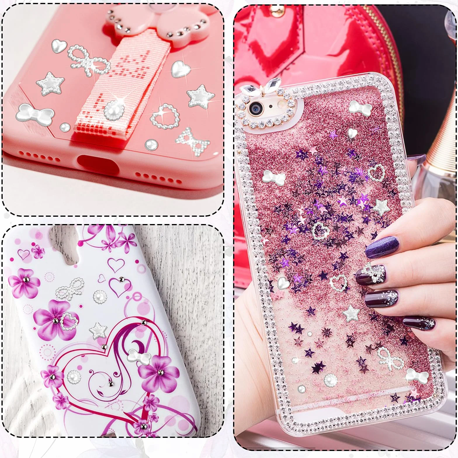 WLLHYF 500 sztuk zawieszek do paznokci 3D, różne kształty, koraliki z płaskim tyłem, kokardka, gwiazda, serce, kwiat, mieszane, urocze aplikacje do manicure, puste perły, dekoracja paznokci