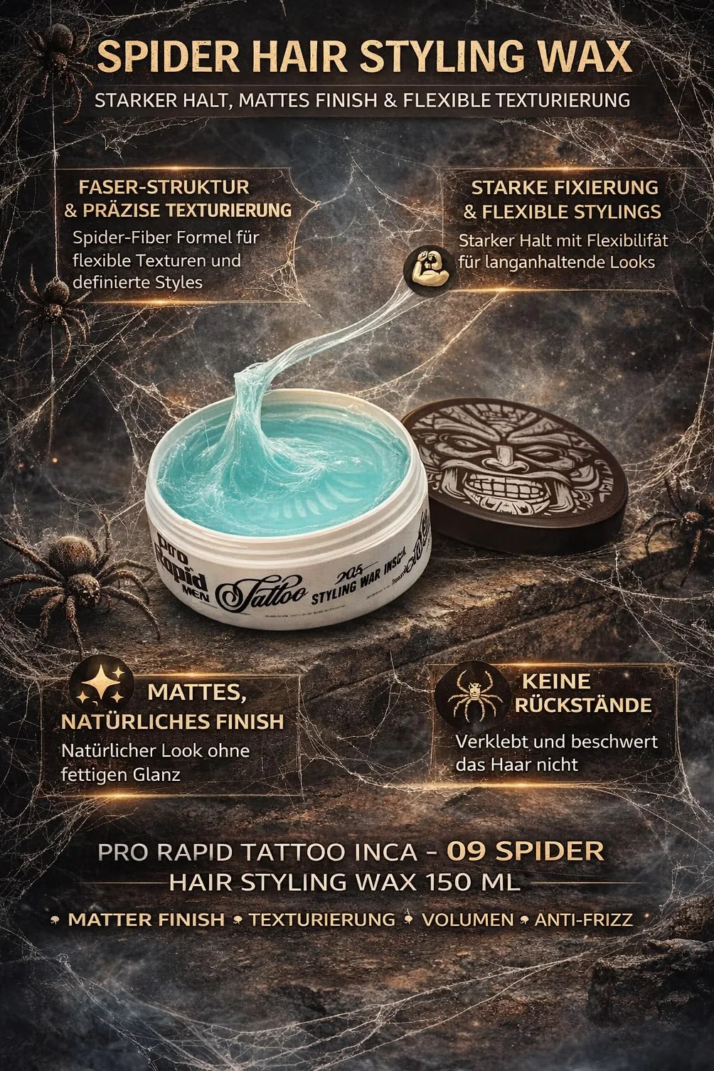 Pro Rapid Tattoo Inca - 09 Spider Hair Styling Wax wosk do stylizacji włosów, profesjonalny wosk do stylizacji włosów z matowym wykończeniem, teksturowaniem, objętością, zagęszczaniem i efektem