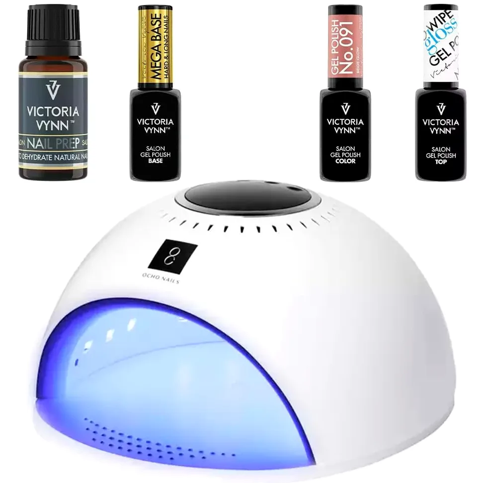 Victoria Vynn zestaw do paznokci – lampa UV 84 W, Nail Prep, Mega Base, doskonały połysk, hybrydowy lakier żelowy 187 – kompletny zestaw do studia paznokci (beżowy Glow)