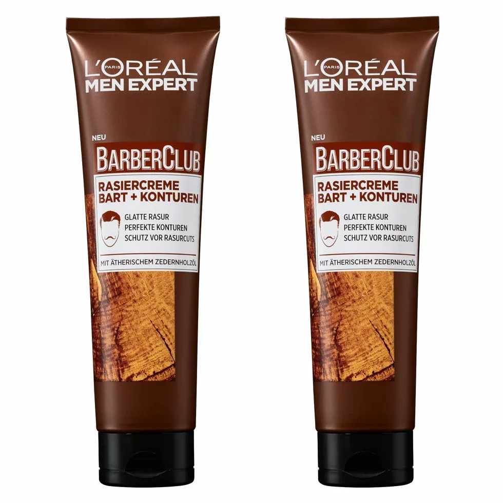 L'Oréal Men Expert Pielęgnacja brody, krem do golenia zapewnia gładkie golenie i wyraźne kontury twarzy, olejek eteryczny z drewna cedrowego, Barber Club, 2 x 150 ml